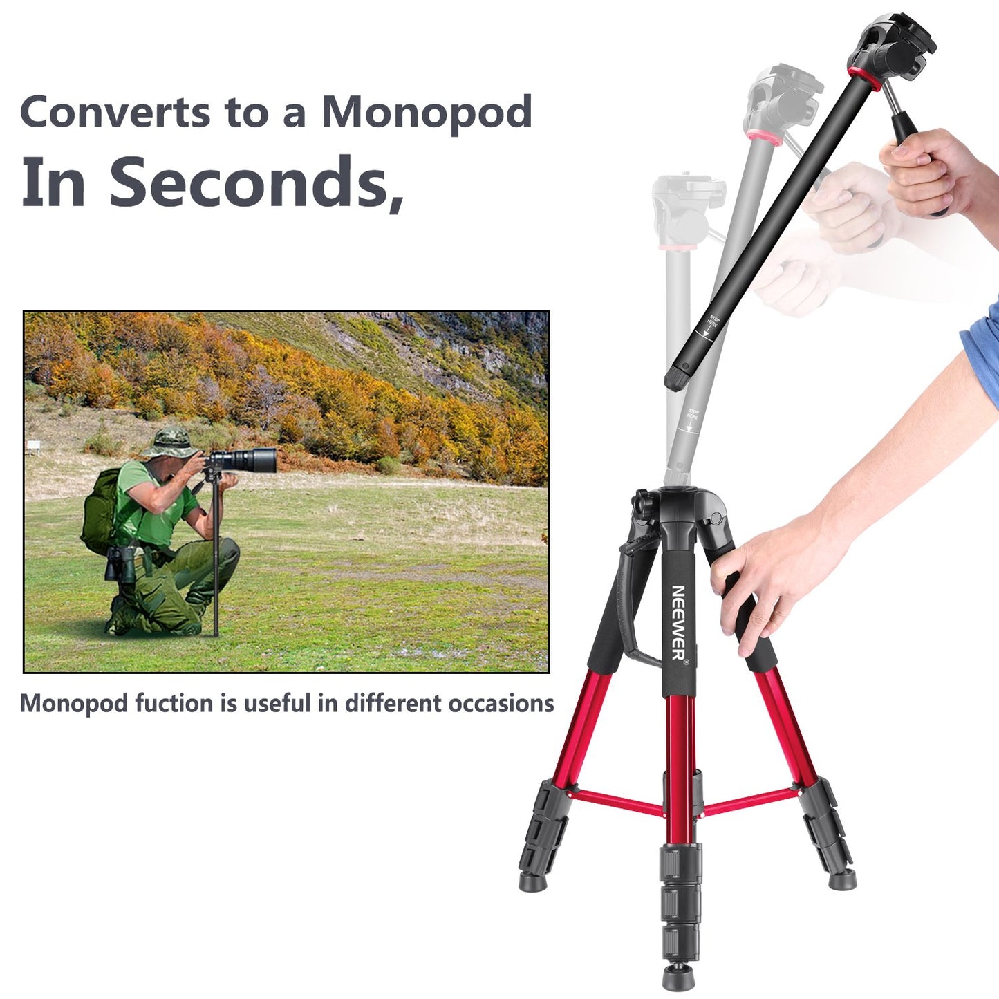Trípode Monopié NEEWER Rojo de Aluminio con Cabezal Giratorio para Cámara DSLR y Videocámara