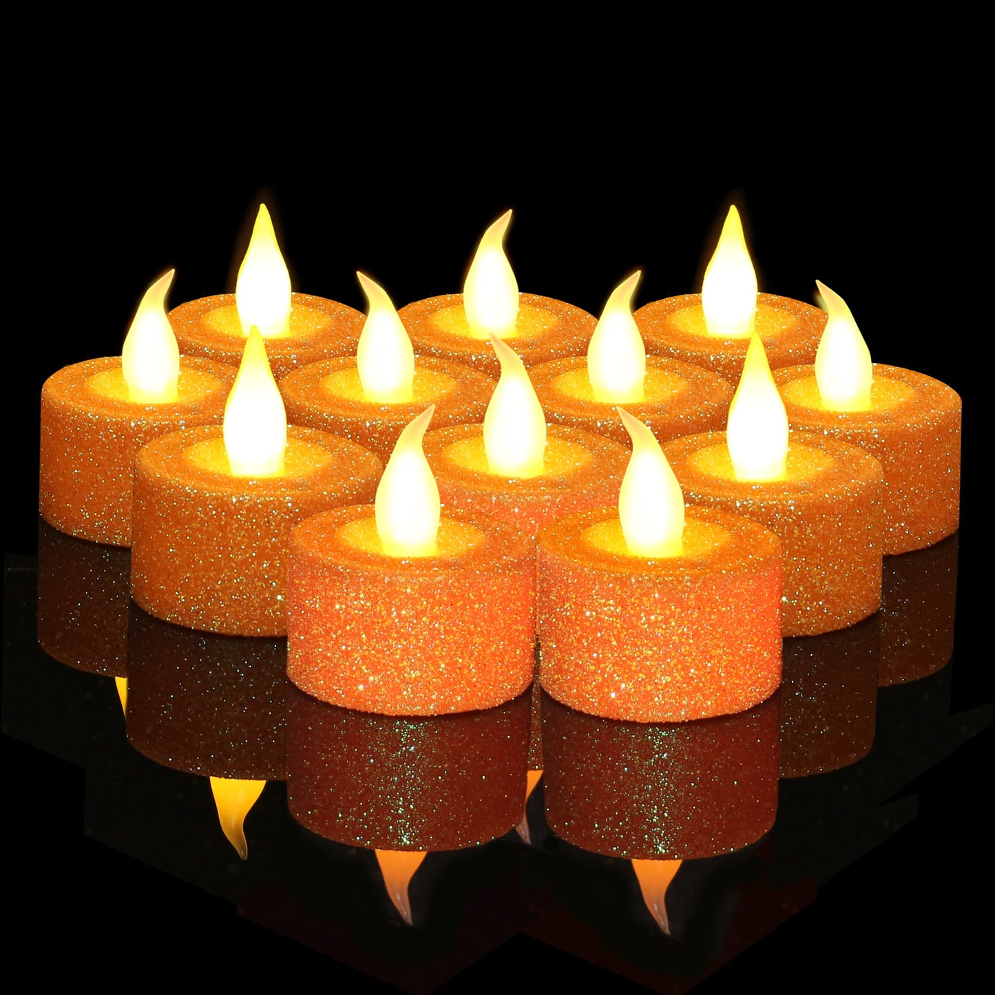 FURORA LIGHTING - Velas LED con purpurina naranja, paquete de 12, velas parpadeantes sin llama para decoración del hogar, 1.5 pulgadas de ancho x 1.65 pulgadas de alto, funciona con pilas