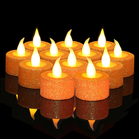 FURORA LIGHTING - Velas LED con purpurina naranja, paquete de 12, velas parpadeantes sin llama para decoración del hogar, 1.5 pulgadas de ancho x 1.65 pulgadas de alto, funciona con pilas