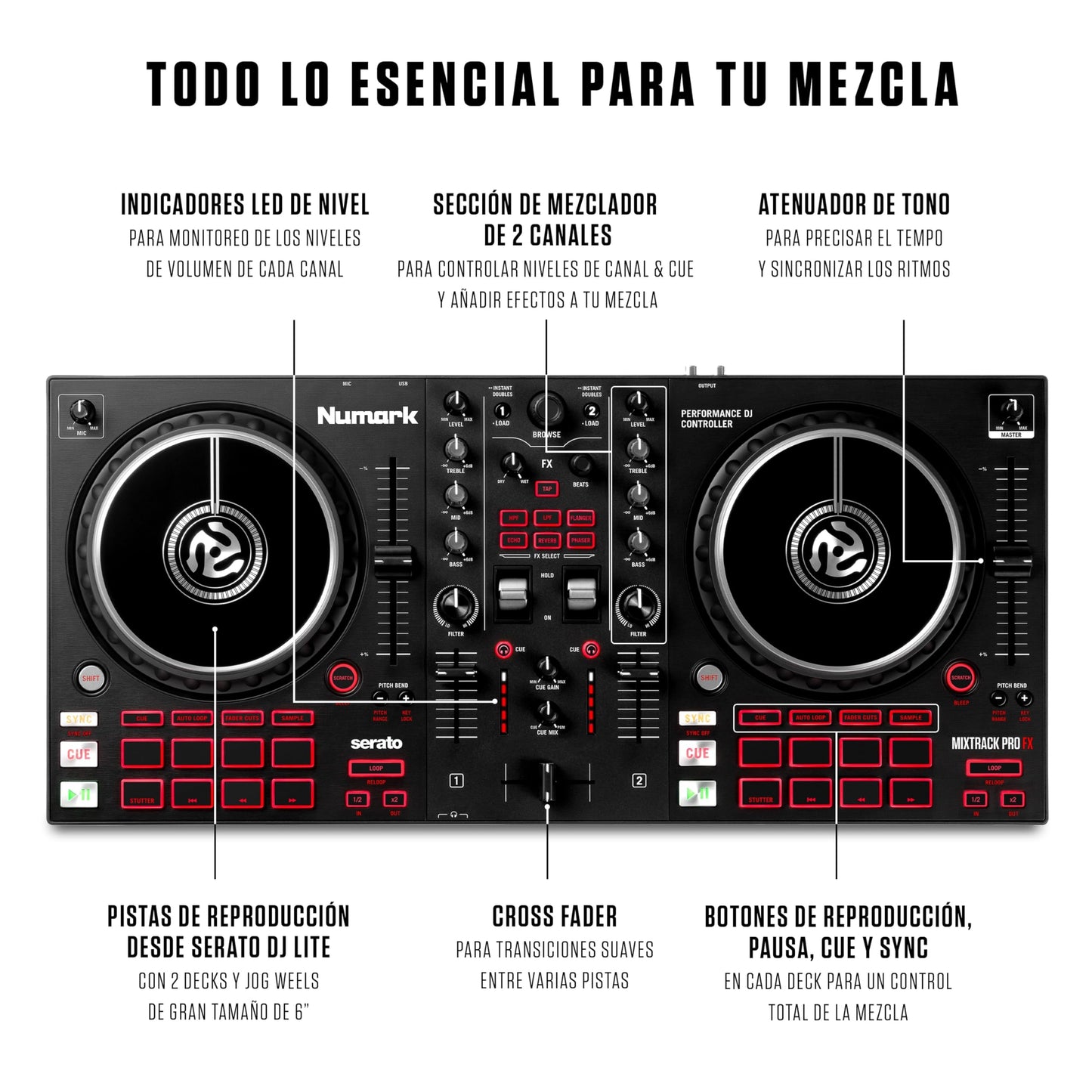 Controlador DJ Numark Mixtrack Pro FX Plata con Jog Wheels Táctiles para Serato DJ