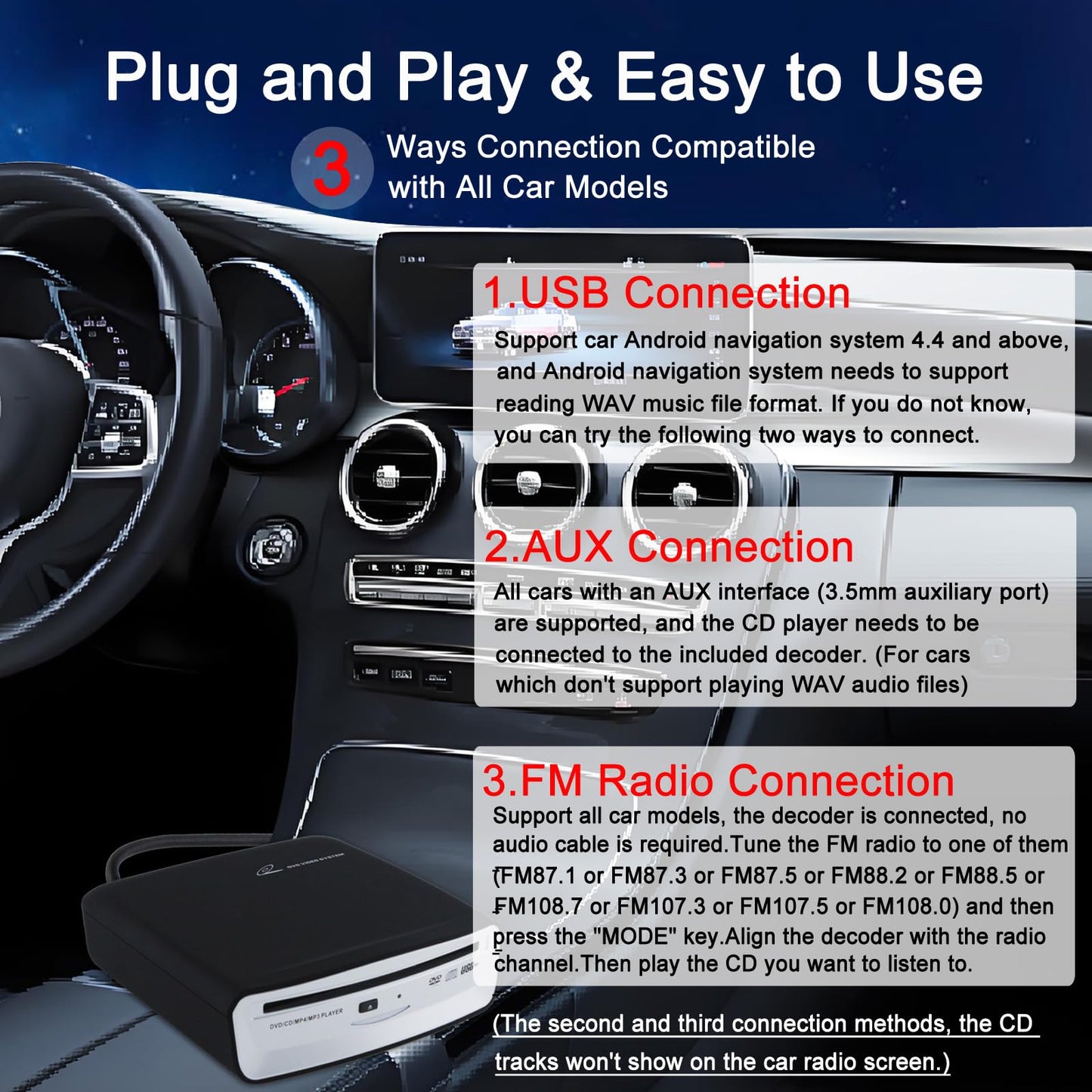 Reproductor de CD universal USB externo para coche, conexión USB, reproductores de CD portátiles para coche, navegación, televisión, computadoras de escritorio con puerto USB Plug and Play (versión Android 4.4 y superior)