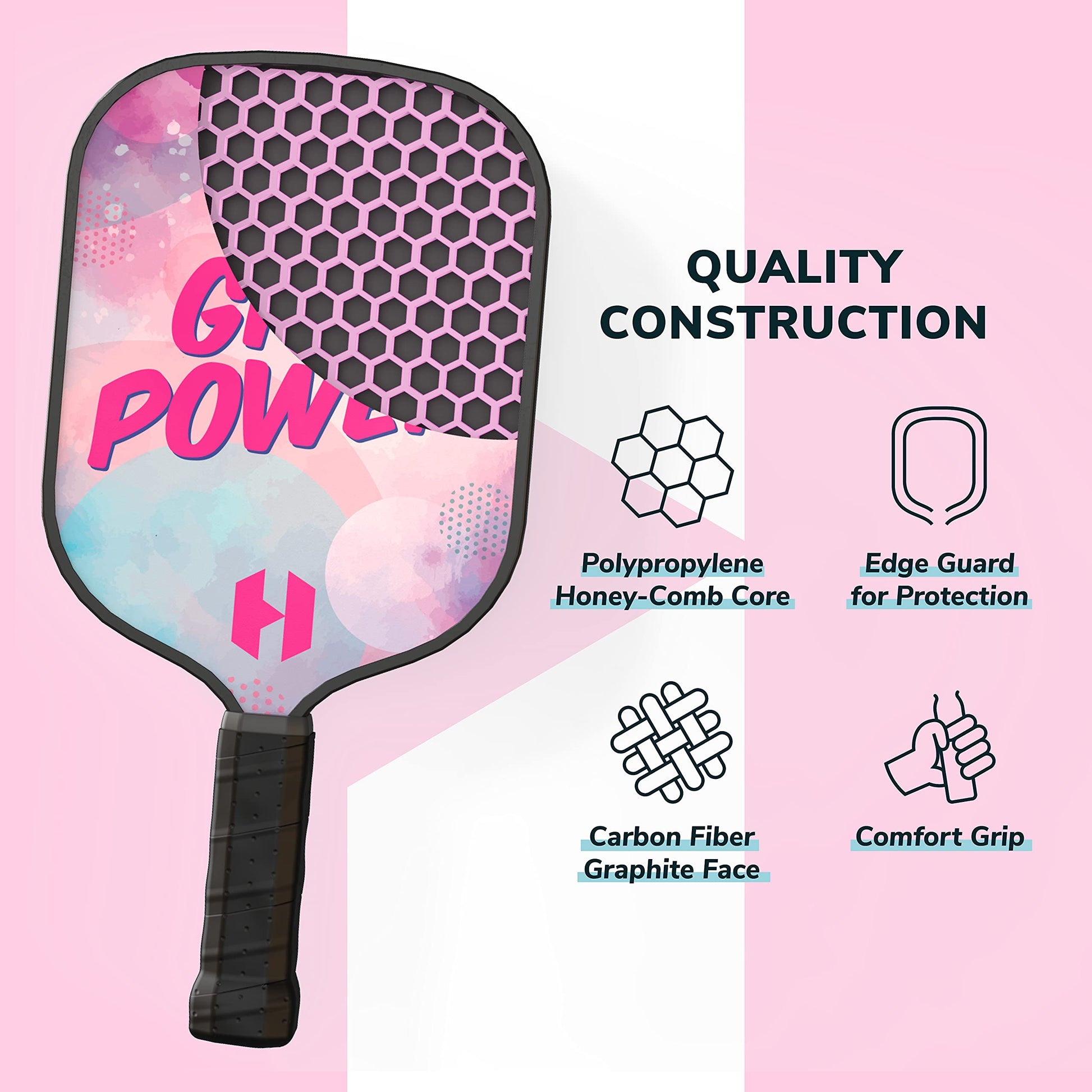 Helium Paleta de Pickleball para niños (2 Unidades, Girl Power), tamaño Infantil, núcleo de Panal, Cara de Impacto de Grafito, Agarre cómodo Premium, Pala de Pickleball y Bolsa con cordón