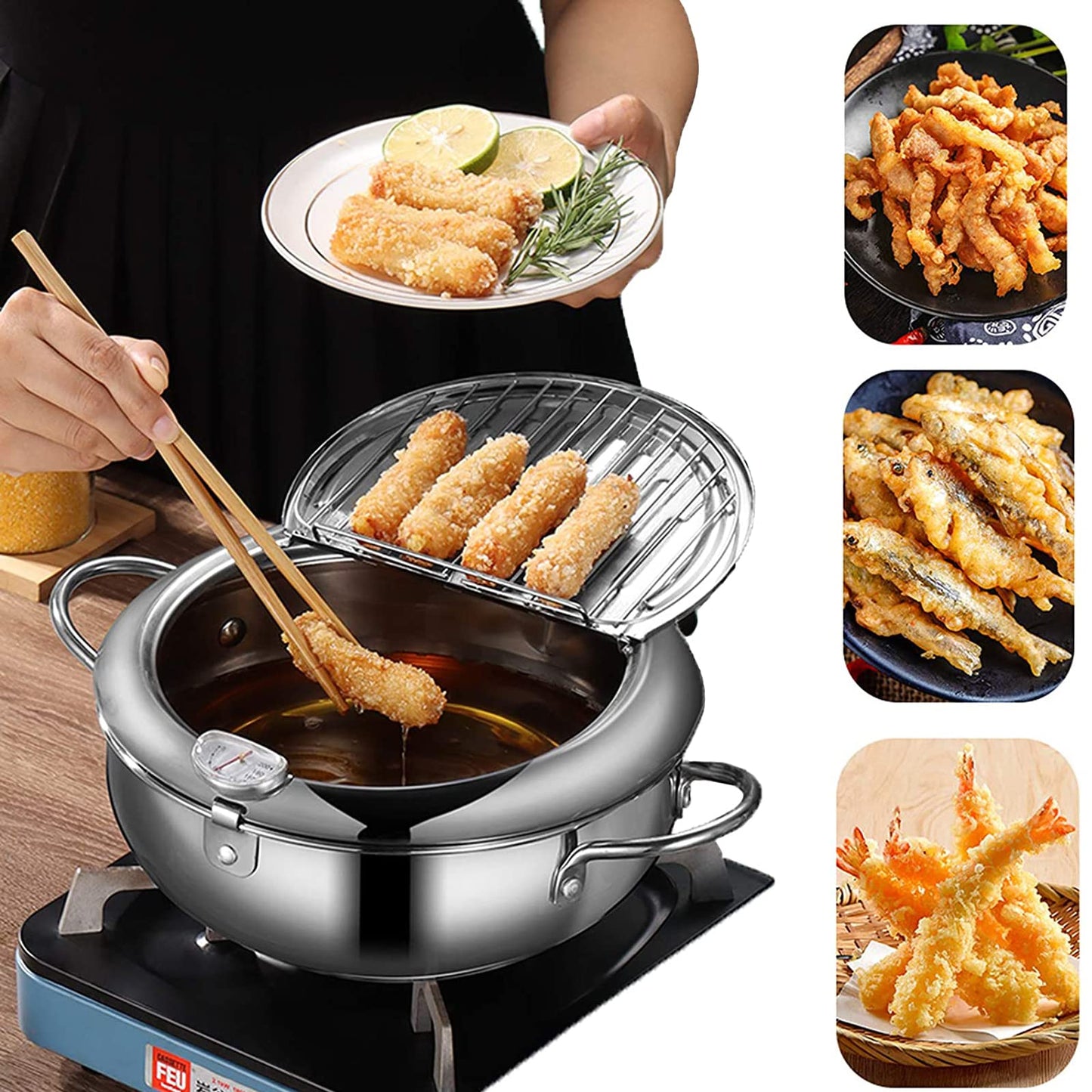 Olla para Freír Tempura Japonesa de Acero Inoxidable con Termómetro y Escurridor plateada, pequeña 24 cm