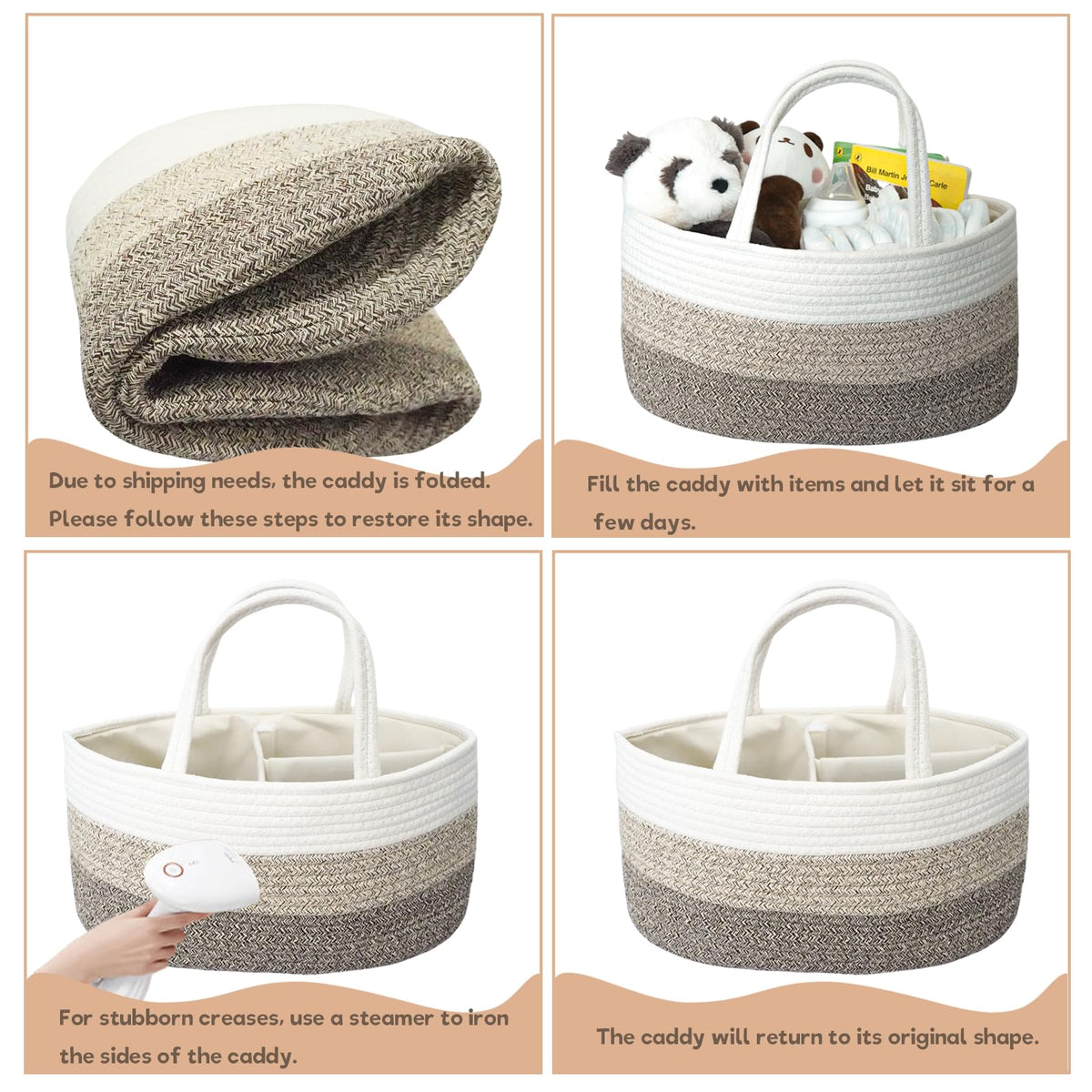 Organizador de pañales para bebé, cesta de pañales grande de cuerda de algodón, organizador de cambiador, bolsa portátil con divisor, almacenamiento de coche, regalos de baby shower para niñas recién