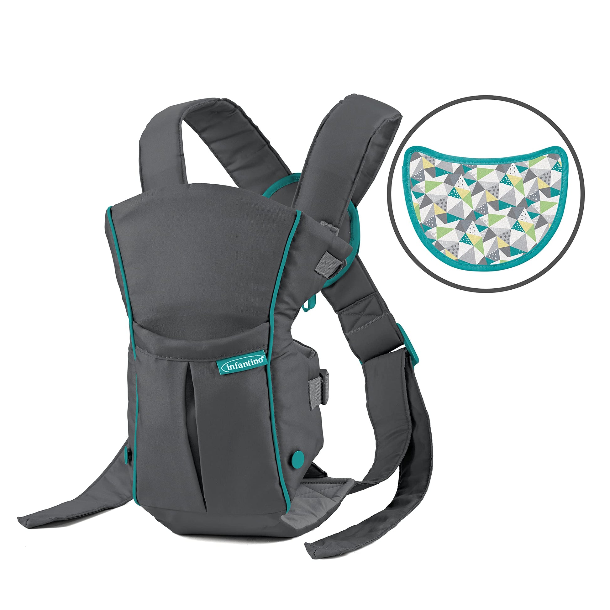 Infantino Swift - Portabebés clásico con bolsillo, 2 maneras de llevar gris con babero Wonder y bolsillo frontal de almacenamiento esencial, correa trasera ajustable, cara interior y exterior, material fácil de limpiar