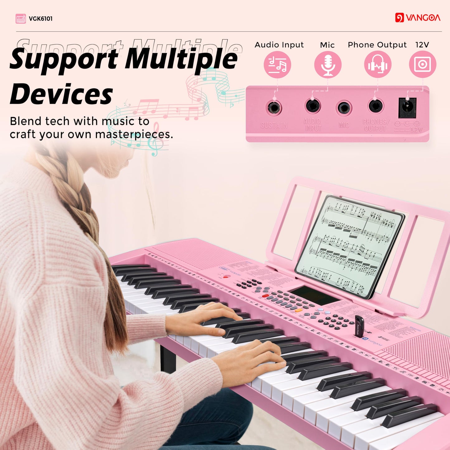 Teclado de Piano Vangoa Rosa 61 Teclas Kit Portátil con Micrófono para Niños y Estudiantes
