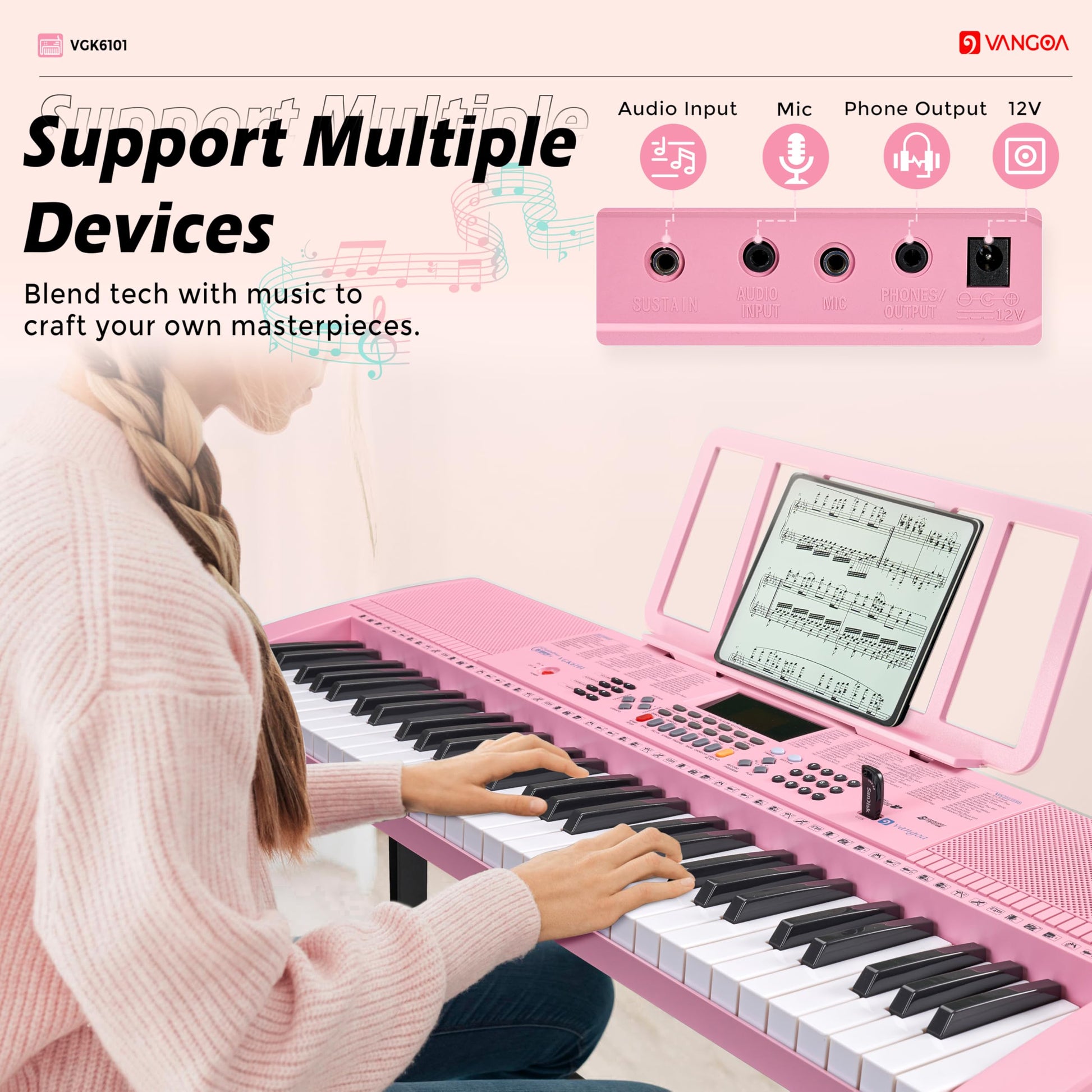 Teclado de Piano Vangoa Rosa 61 Teclas Kit Portátil con Micrófono para Niños y Estudiantes