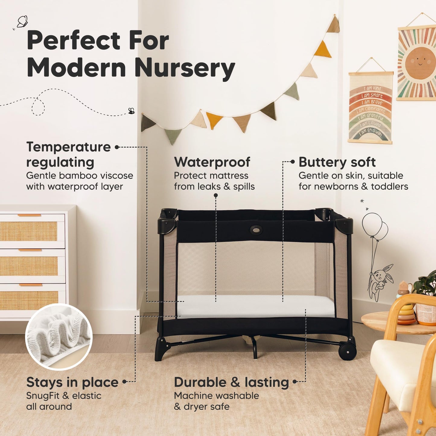 Paquete de 2 sábanas impermeables y de juego, mini sábanas para cuna ajustadas para niños, niñas, viscosa de 38 x 26 pulgadas de bambú Pack N Play para Graco, sábanas de cuna de bebé para niños