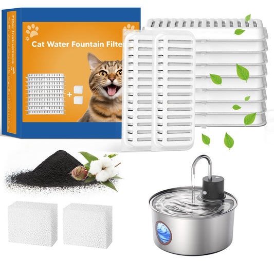 FWMB - Filtros de fuente de agua para gatos, filtros de repuesto para fuente de gato de 110 oz/3.2 l, 10 paquetes de filtros y 2 esponjas para fuente de agua de acero inoxidable para mascotas