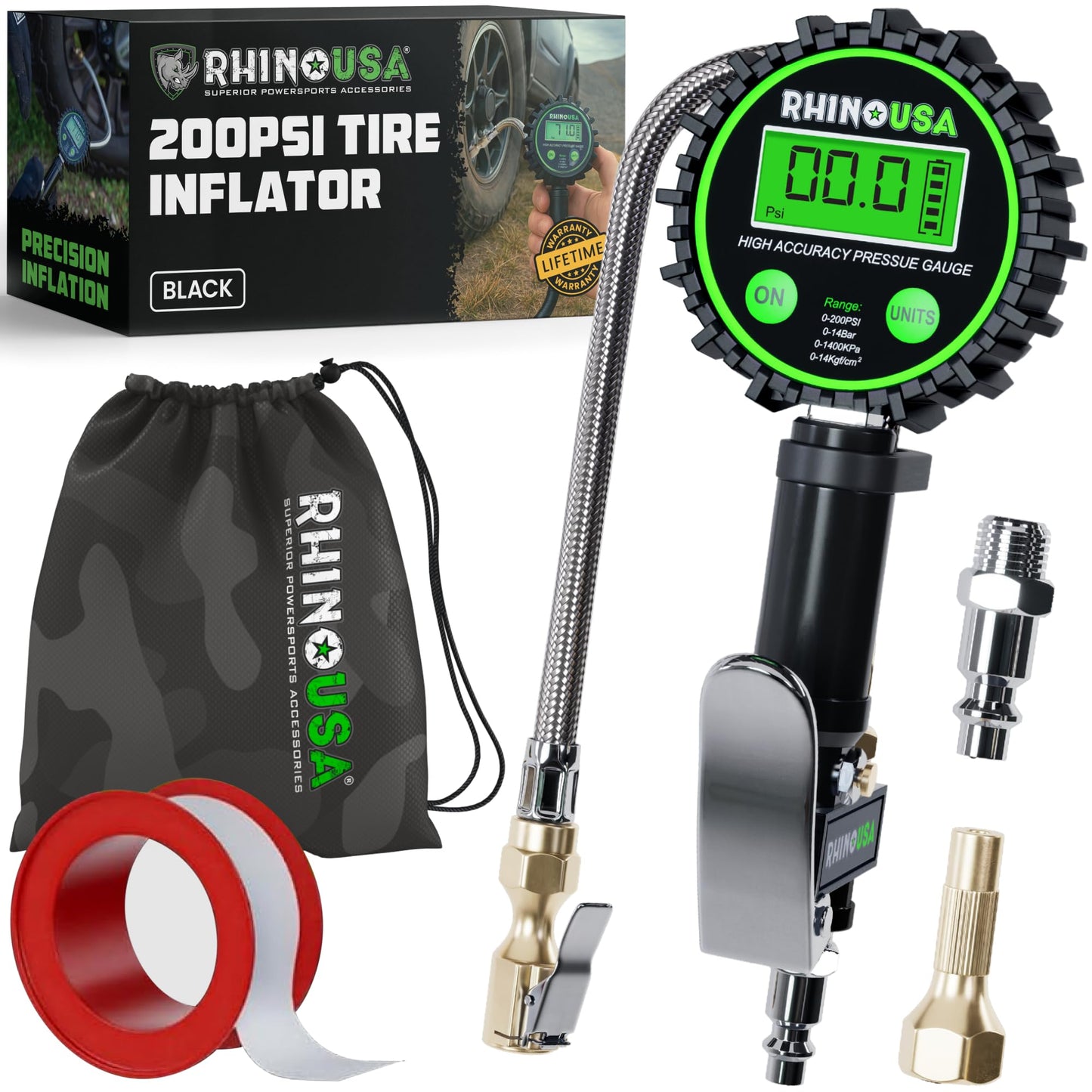 Medidor de Presión de Llantas Rhino USA Negro con Inflador y Boquilla Reforzada para Camioneta y Casas Rodantes