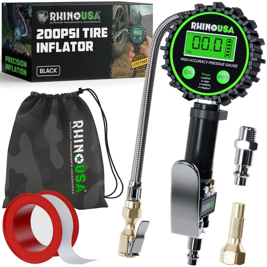Medidor de Presión de Llantas Rhino USA Negro con Inflador y Boquilla Reforzada para Camioneta y Casas Rodantes