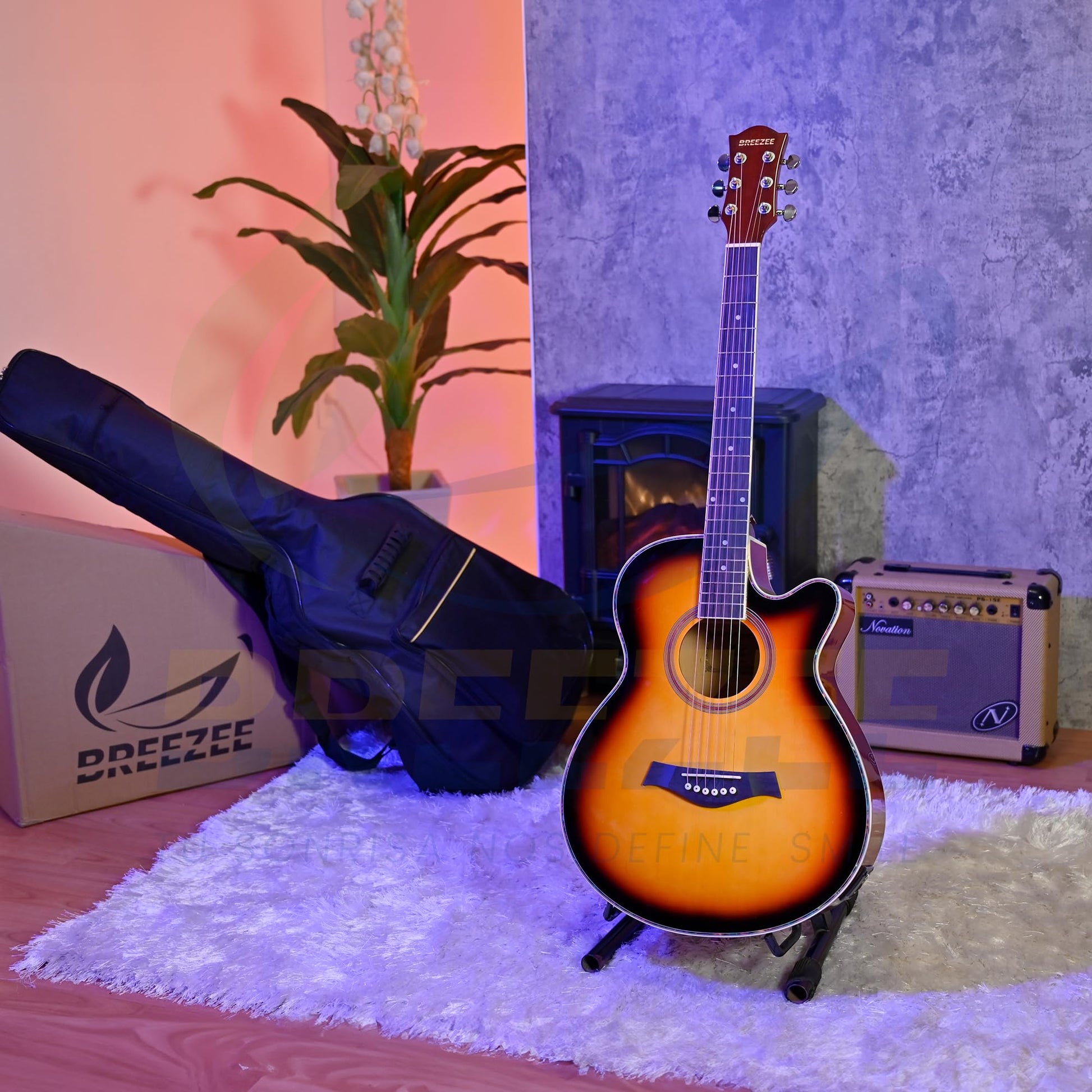 BREEZEE Guitarra Electroacústica de 40” Diseñada sobre Abeto, Merbau, Okume y Palisandro. Acabado de Barniz en Pulverización, Incluye Set de Accesorios Completo para Principiante