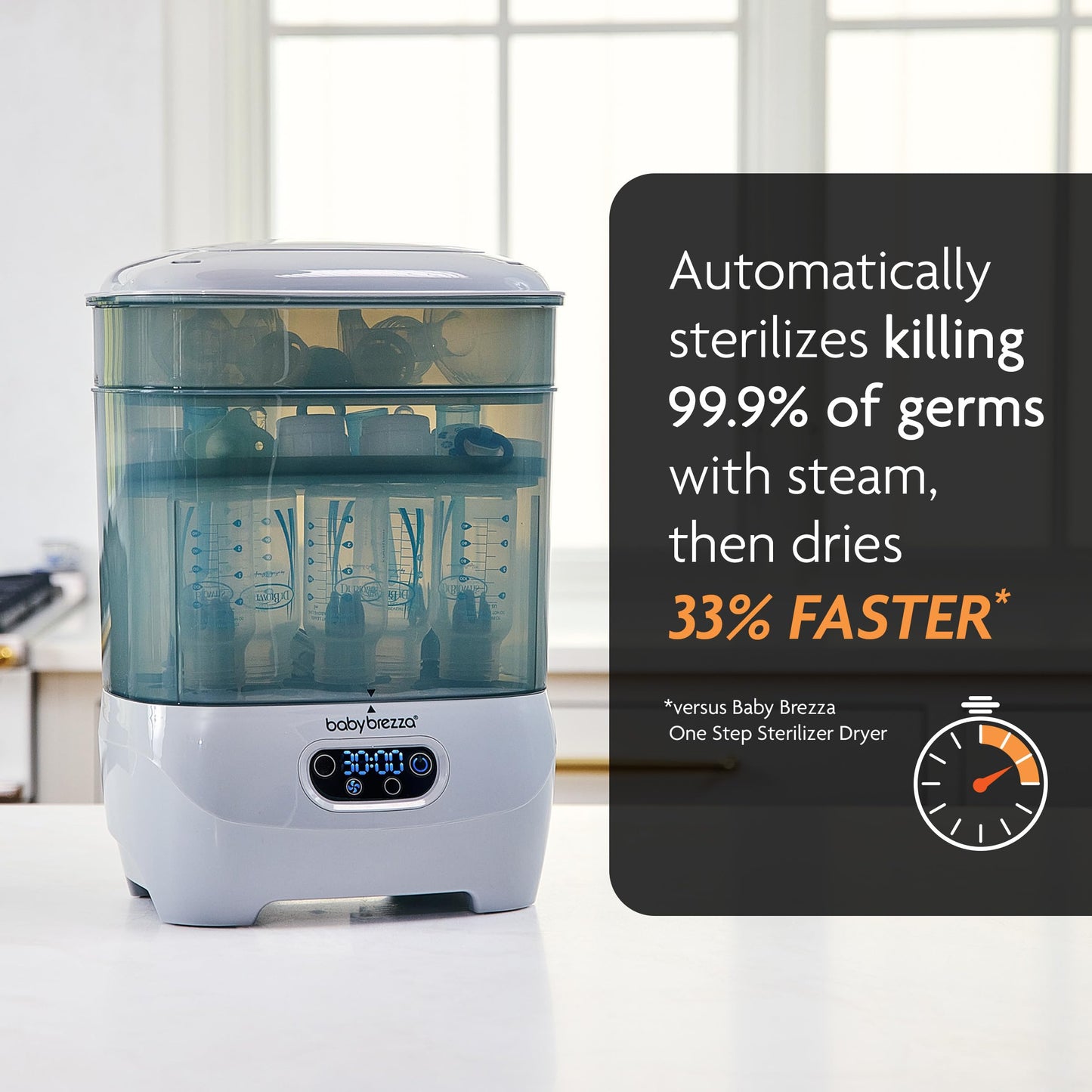 Baby Brezza - Esterilizador y secador de biberones avanzado, 33% más rápido, desinfectante de vapor de mayor capacidad, máquina de esterilización universal para todas las botellas + piezas de bomba