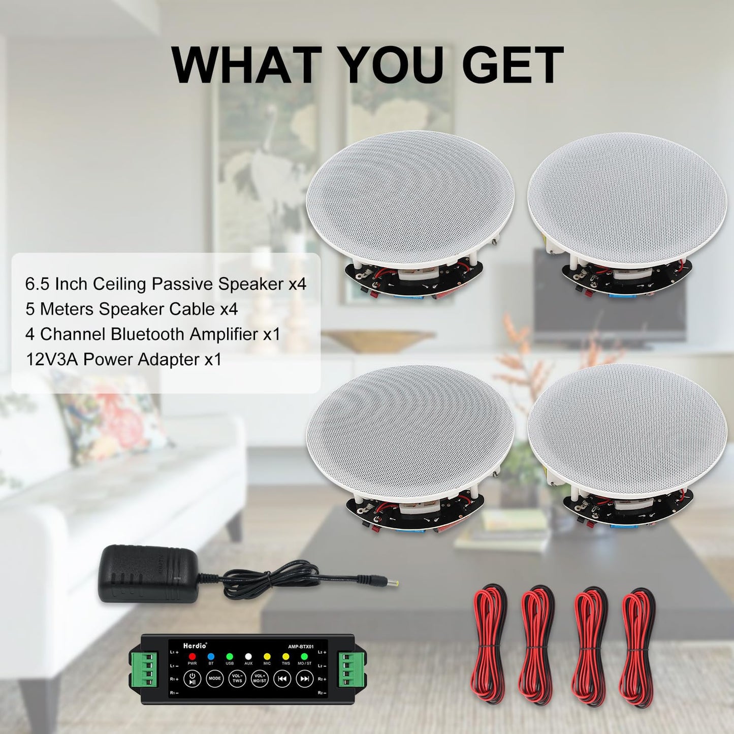 Herdio Altavoces de Techo de 6.5 Pulgadas, 600 vatios, Sistema de Altavoces empotrados para el hogar, Perfecto para Interiores, Cocina, Cine en casa, Dormitorio, Oficina, Patio Cubierto (4 Altavoces)
