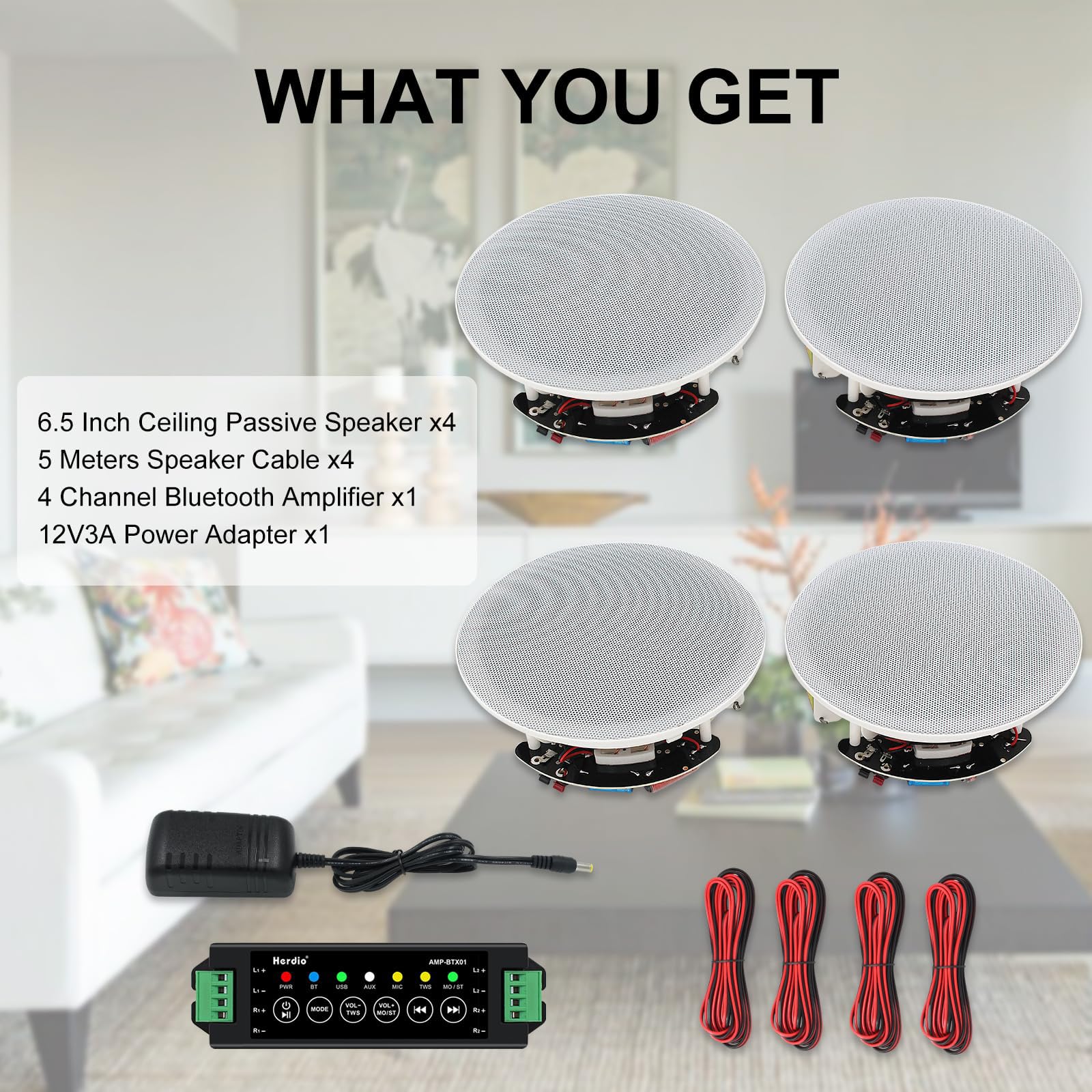 Herdio Altavoces de Techo de 6.5 Pulgadas, 600 vatios, Sistema de Altavoces empotrados para el hogar, Perfecto para Interiores, Cocina, Cine en casa, Dormitorio, Oficina, Patio Cubierto (4 Altavoces)