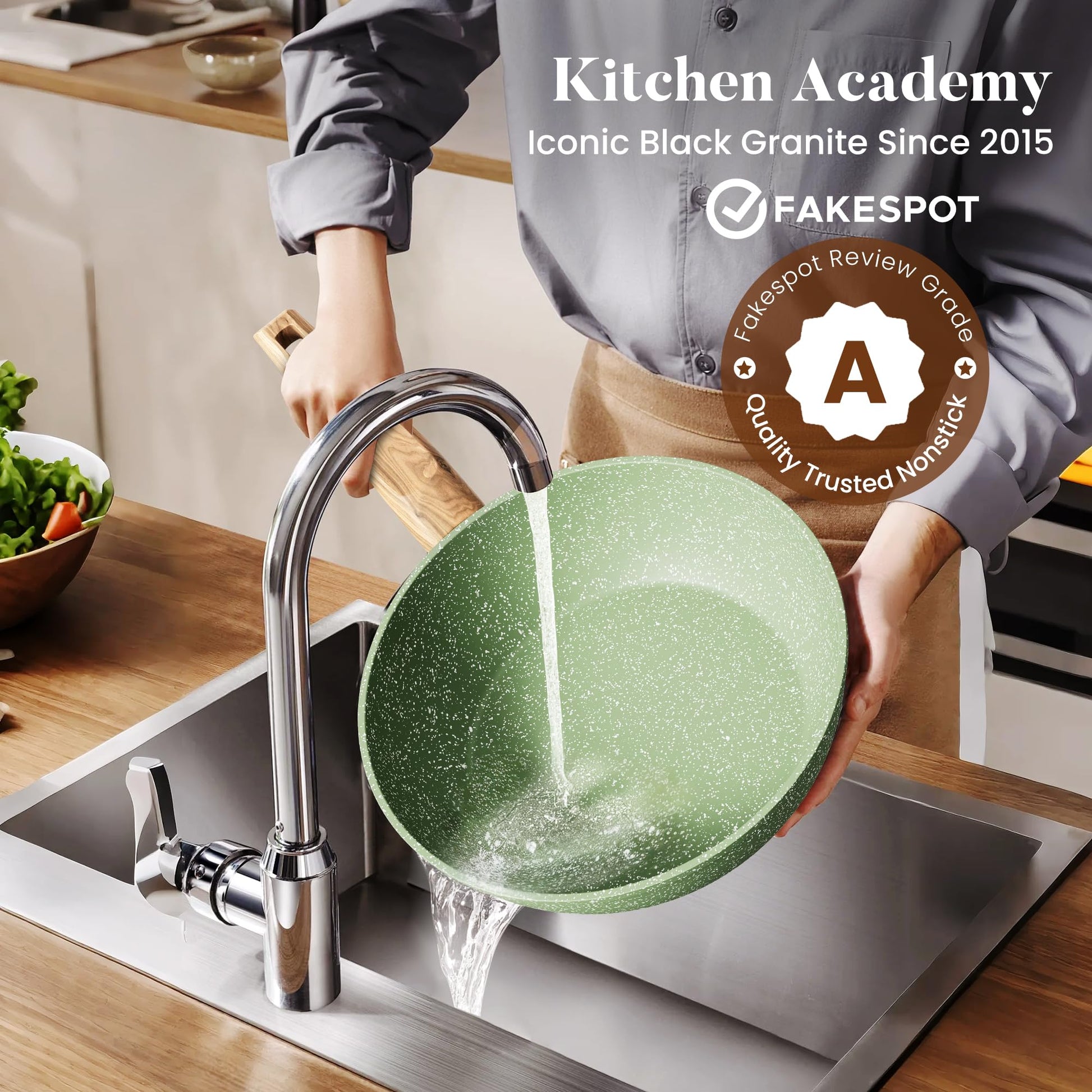 Kitchen Academy - Juego de utensilios de cocina de inducción de 17 piezas, juego de ollas y sartenes de granito verde, juego de sartenes antiadherentes
