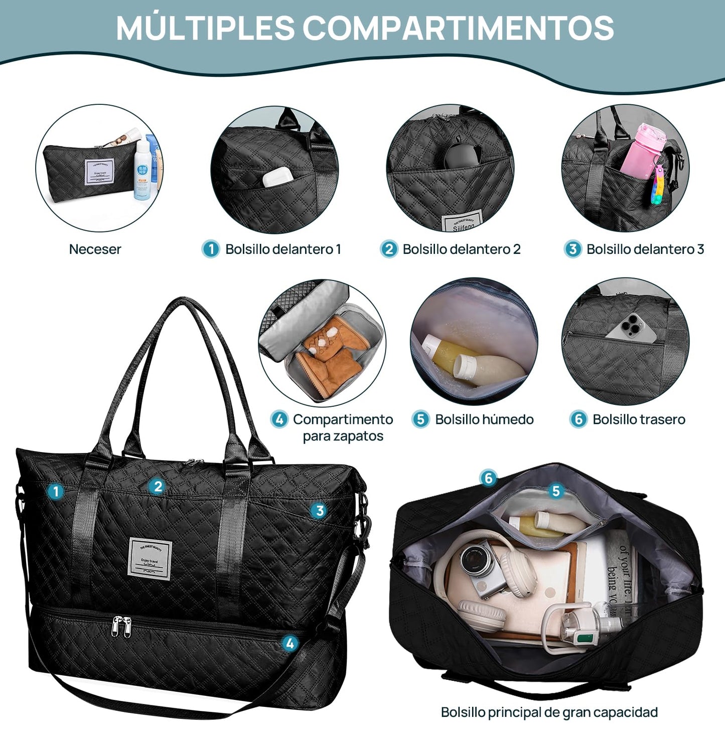 Bolsa de Deporte, Bolsa de Viaje Con Compartimento Para Zapatos y Neceser, Compartimentos Húmedo y Seco, Gran Capacidad, Resistente al Agua (negro)