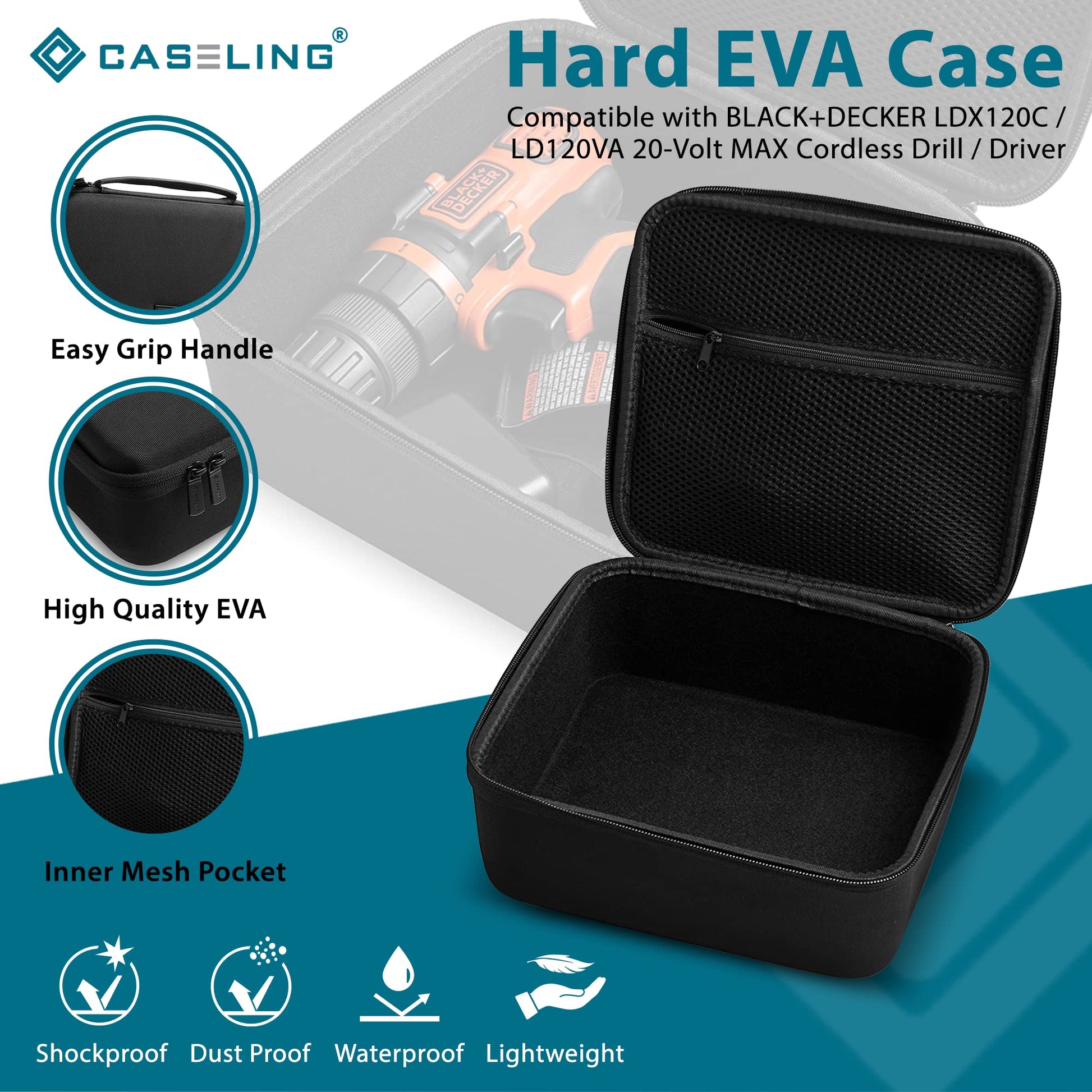 Caseling - Funda rígida - 8.6 x 7.8 x 3.5 pulgadas, compatible con Black+Decker LDX120C / LD120VA - Soporte de carcasa dura de espuma EVA para almacenamiento de electrónica y viajes (solo funda)