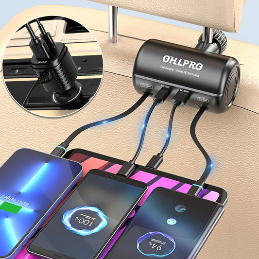 OHLPRO Estación de Carga retráctil para Asiento Trasero para Varios automóviles, Adaptador de Cargador rápido para automóvil de 110 W para Todos los teléfonos, Ideal para Taxi, Uber, Lyft