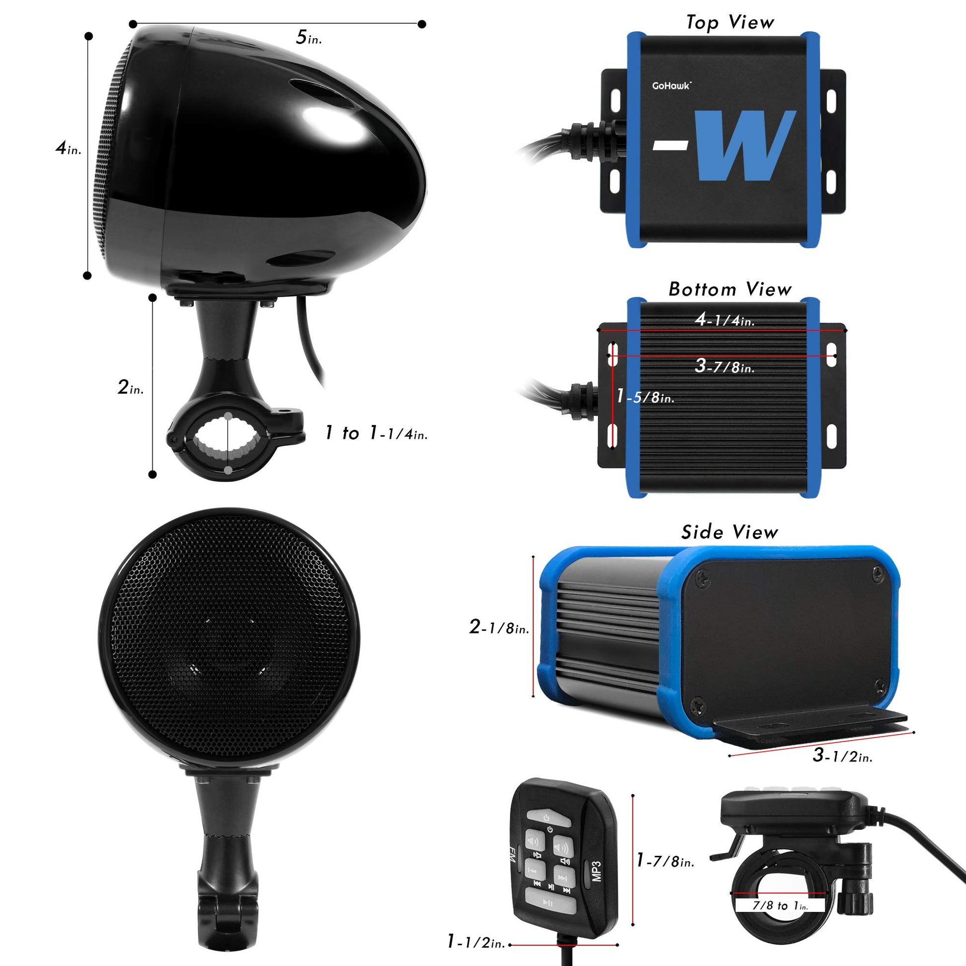 GoHawk TN4-W - Amplificador impermeable de 4 pulgadas, rango completo Bluetooth para motocicleta, altavoces estéreo de 1 a 1.25 pulgadas. Sistema de amplificador de audio para montaje en manubrio