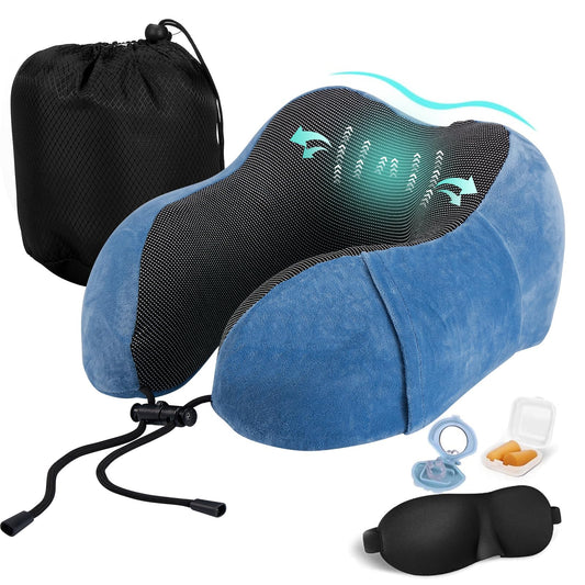 Almohada de Viaje, Almohada de Cuello Viscoelástica de Espuma de Memoria con Máscara de Ojos, Tapones para los oídos y Nariz, y Bolsa con Cordón, Soporte de Cuello para Avión, Oficina y el Hogar(Azul)