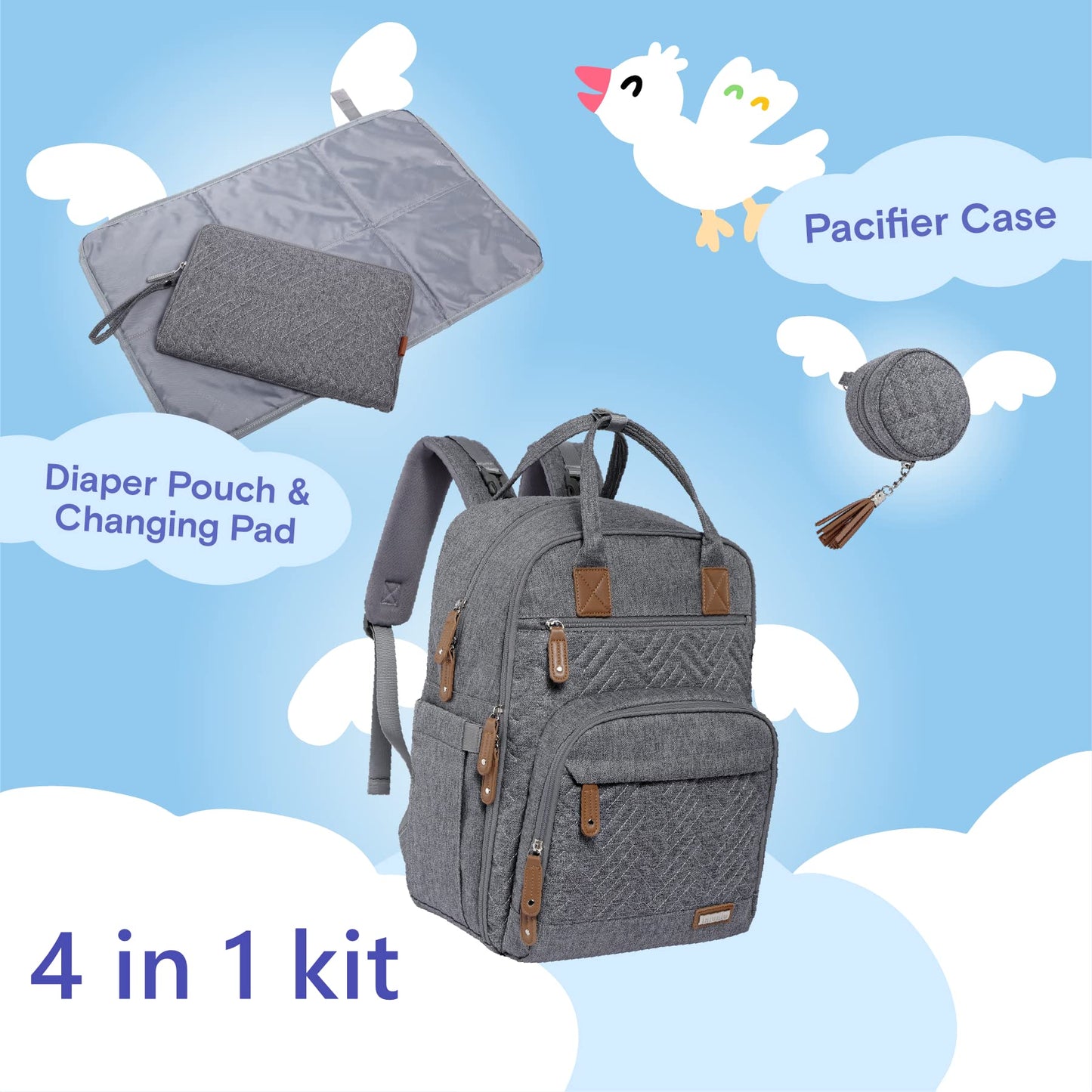 iniuniu - Mochila para pañales, kit 4 en 1, bolsas unisex grandes para bebés para niños y niñas, mochila impermeable de viaje con bolsa para pañales, almohadilla cambiante lavable, funda para chupete