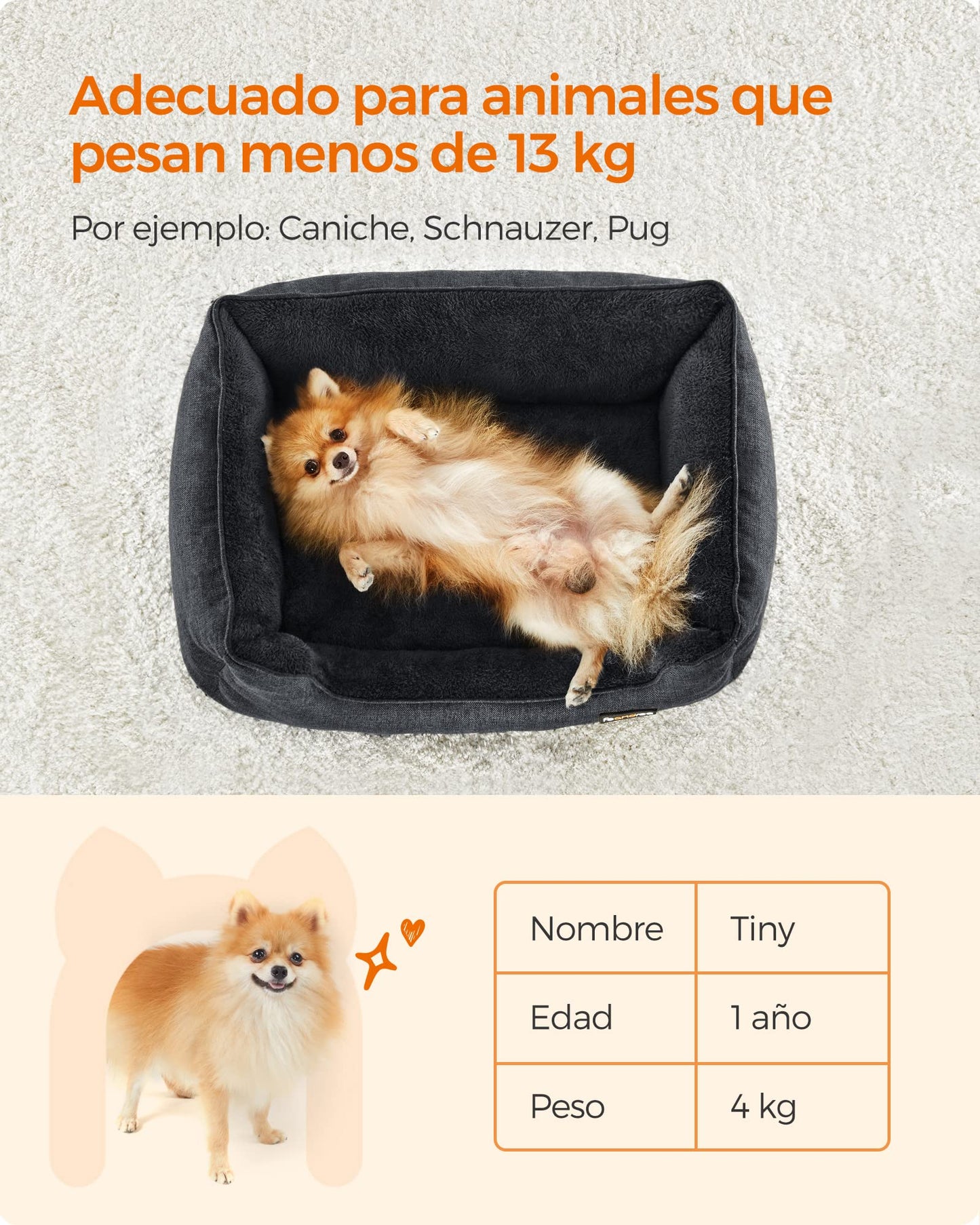 Feandrea Cama para Perros, Sofá para Mascotas, 70 x 55 x 21 cm, Bordes Elevados, M, para Perros Pequeños, Gris Oscuro MPGW010G01