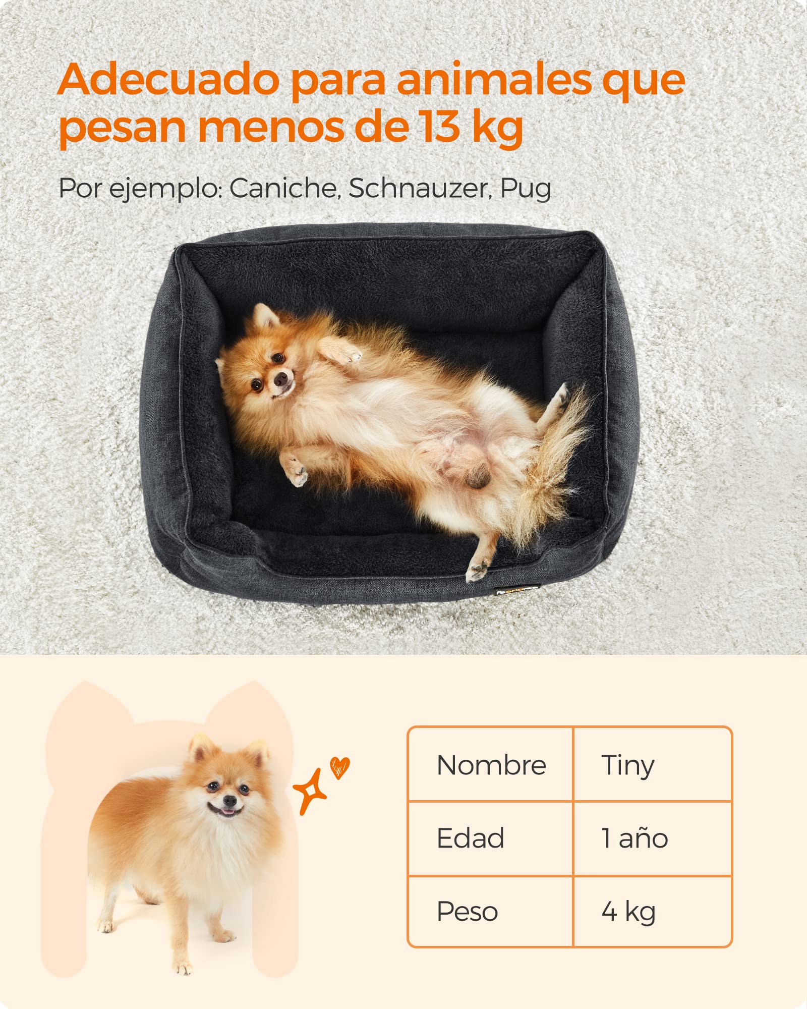 Feandrea Cama para Perros, Sofá para Mascotas, 70 x 55 x 21 cm, Bordes Elevados, M, para Perros Pequeños, Gris Oscuro MPGW010G01