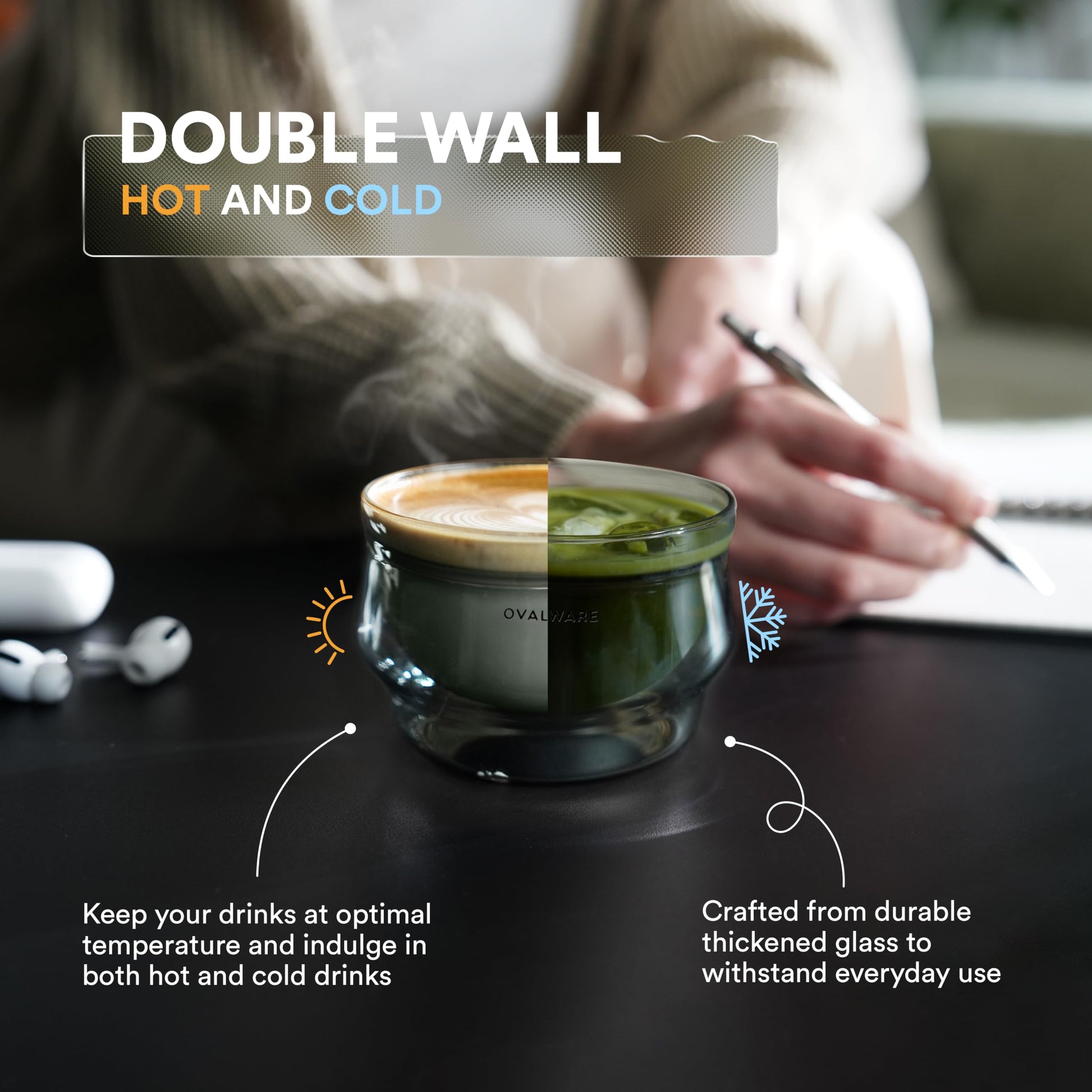 Vasos de Café Ovalware Gris de Doble Pared para Bebidas Frías y Calientes