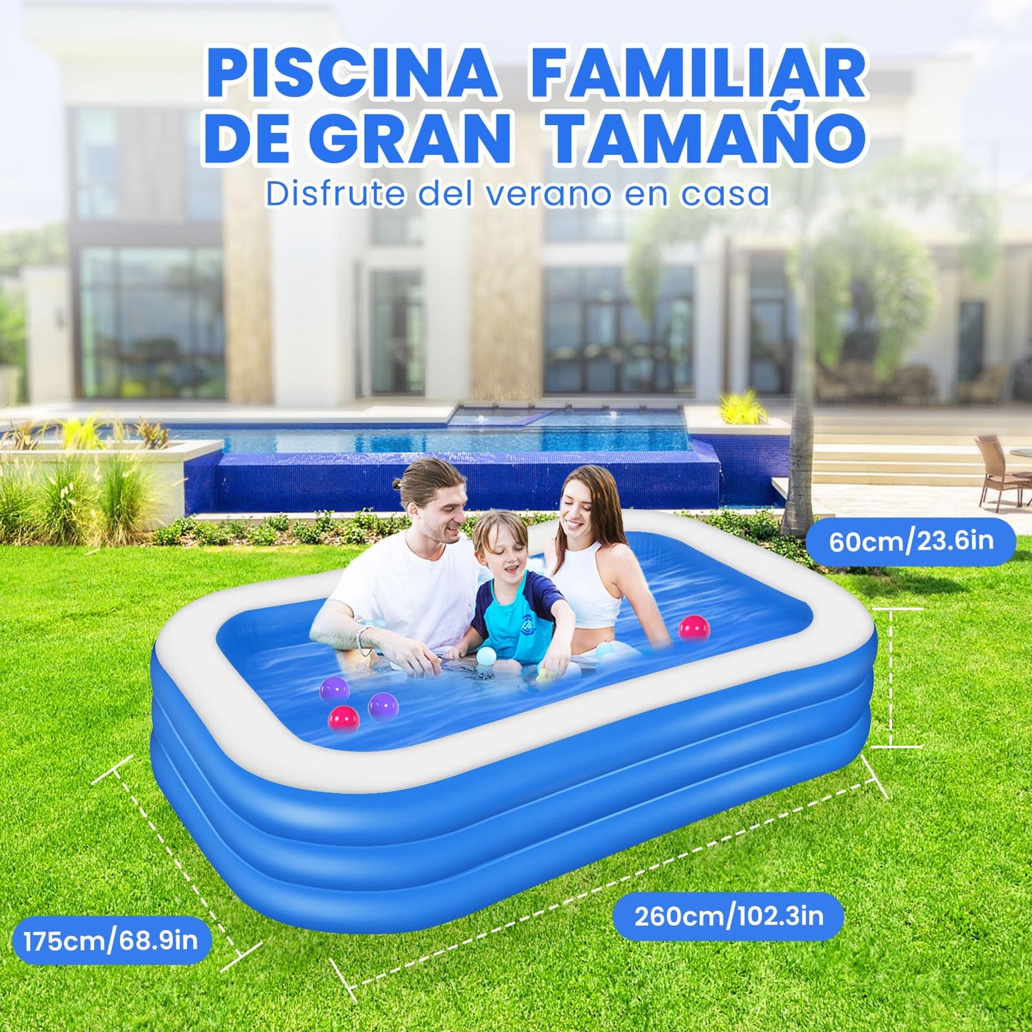 JNNQI Piscina Inflable Familiar 260x175x60 CM, Alberca Inflable Familiares Triple Grande Rectangular con Bolsa de Almacenamiento, Fiesta Acuática de Verano, Piscina Inflable al Aire Libre (Azul)