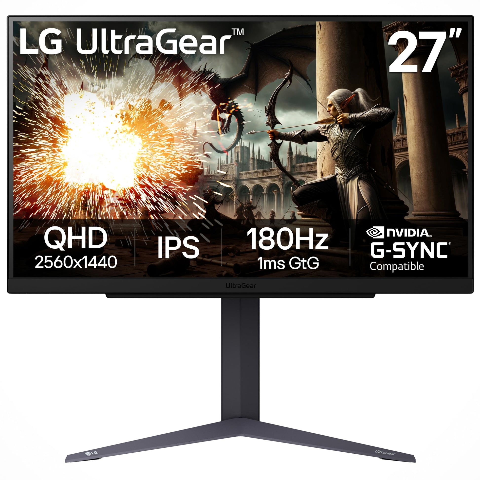 LG 27GS75Q-B - Monitor para juegos Ultragear QHD (2560x1440), 180Hz (O/C 200Hz), 1ms, IPS, NVIDIA G-SYNC, AMD FreeSync, HDR10, soporte de inclinación/altura/pivote, HDMI, DisplayPort, negro
