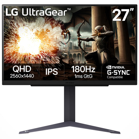 LG 27GS75Q-B - Monitor para juegos Ultragear QHD (2560x1440), 180Hz (O/C 200Hz), 1ms, IPS, NVIDIA G-SYNC, AMD FreeSync, HDR10, soporte de inclinación/altura/pivote, HDMI, DisplayPort, negro