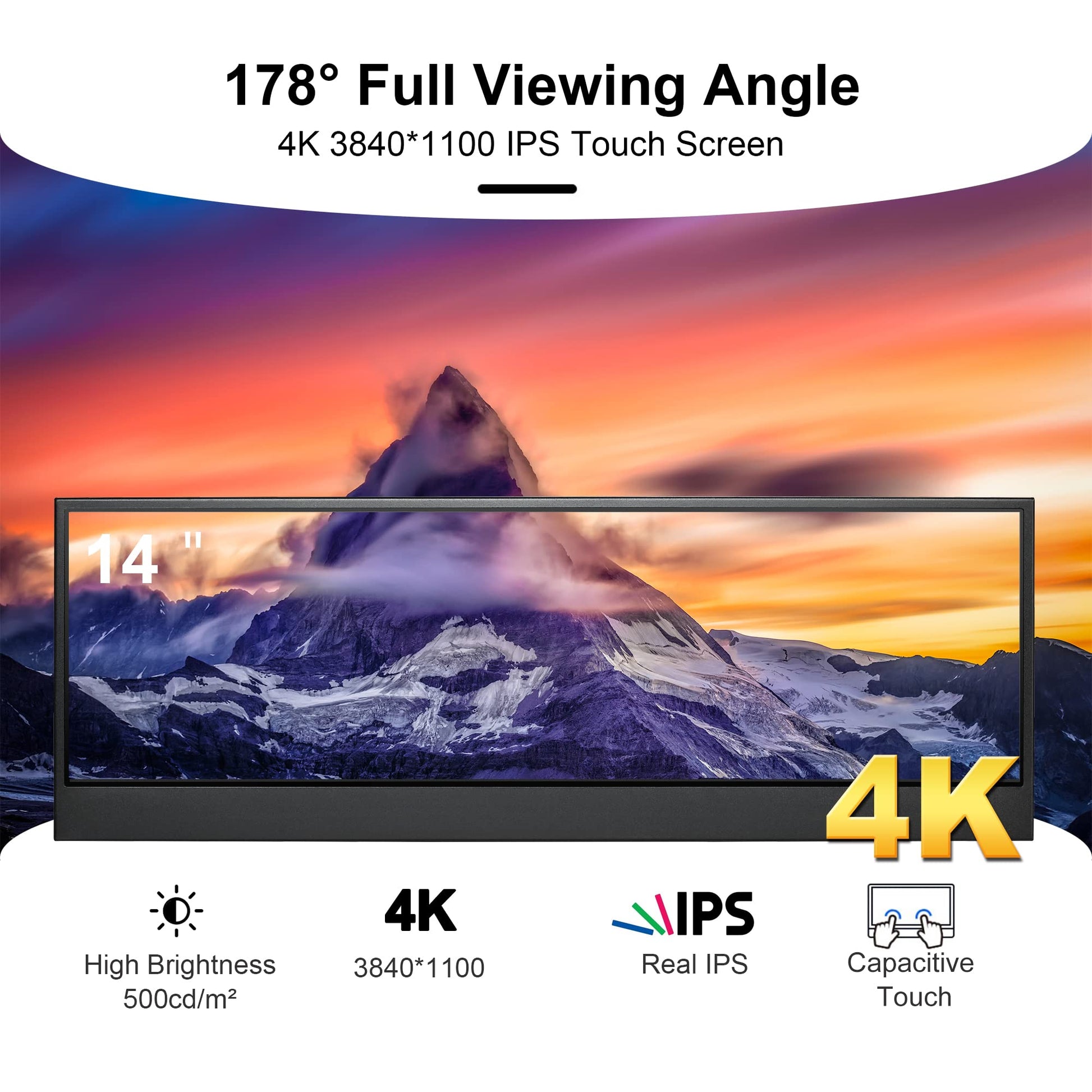 14'' 4K UHD IPS 3840x1100 Barra Estirada Pantalla Táctil Monitor para Ordenador Portátil PC Velocidad Temperatura Windows Aida64 CPU GPU HDMI Monitor Secundario para Música Media Timeline Edición