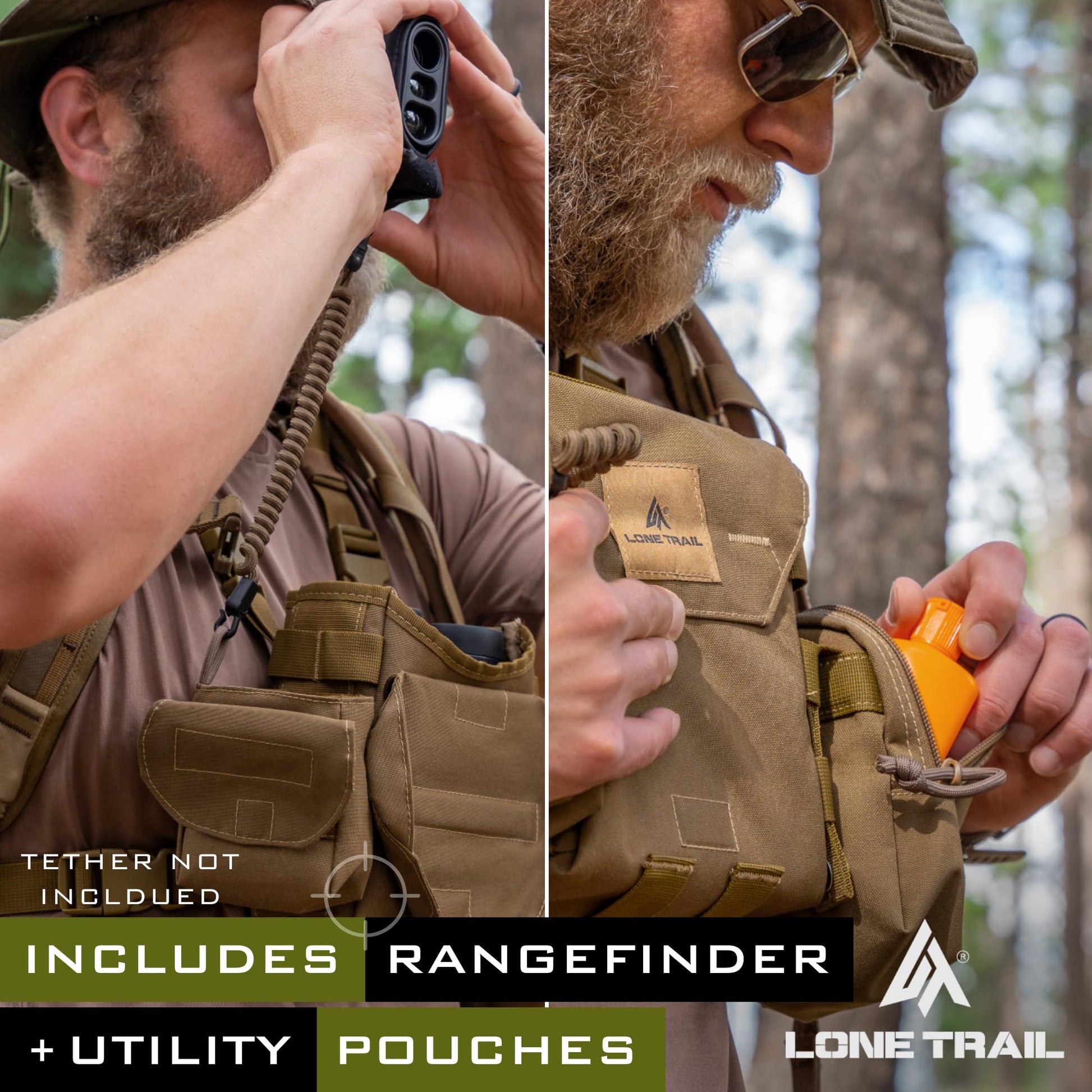 Lone Trail - Arnés binocular impermeable para el pecho – Arnés bino ligero con bolsa de telémetro, funda binocular arnés de pecho con cierre magnético silencioso, sistema MOLLE equipo de caza para