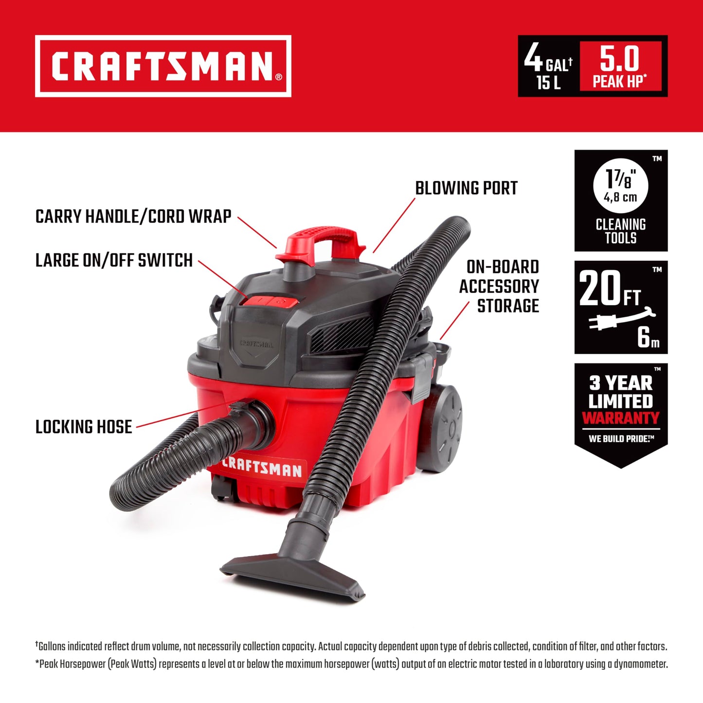 Craftsman CMXEVBE17040 - Vacador seco húmedo de 4 galones y 5.0 Picos, para aspiradora portátil en húmedo y seco con Filtro, Manguera y Accesorios para Limpieza doméstica y automotriz
