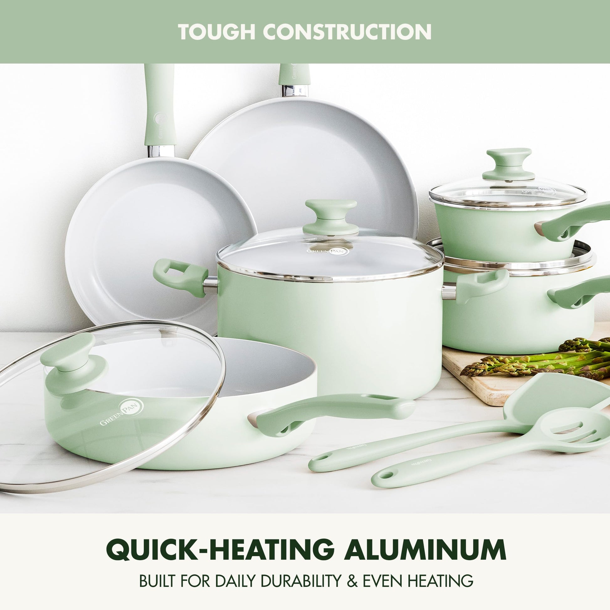 GreenPan Dover Healthy Ceramic antiadherente, juego de 12 ollas y sartenes de cocina, sin PFAS, apto para lavaplatos, mango cómodo, verde pastel