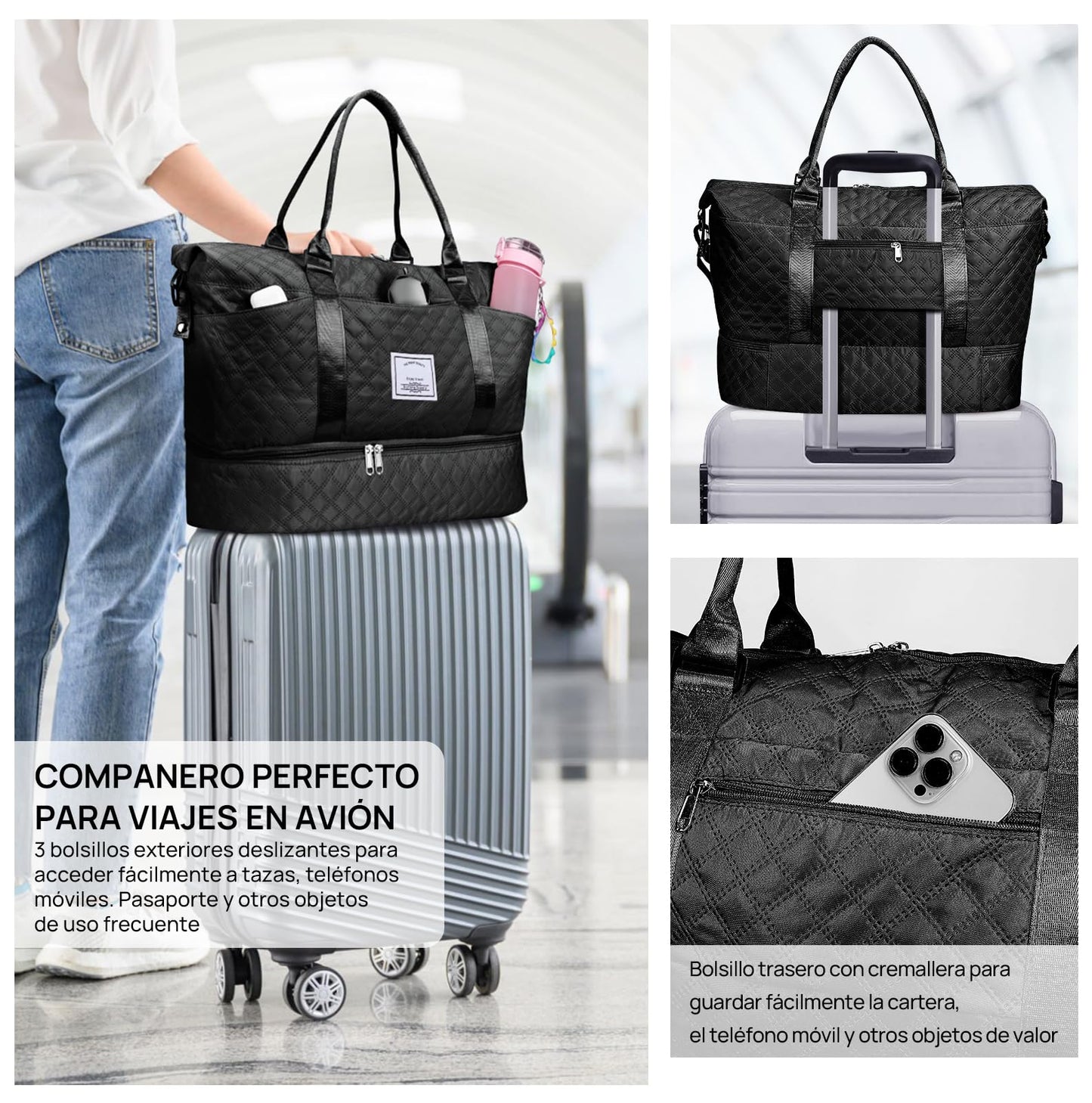 Bolsa de Deporte, Bolsa de Viaje Con Compartimento Para Zapatos y Neceser, Compartimentos Húmedo y Seco, Gran Capacidad, Resistente al Agua (negro)