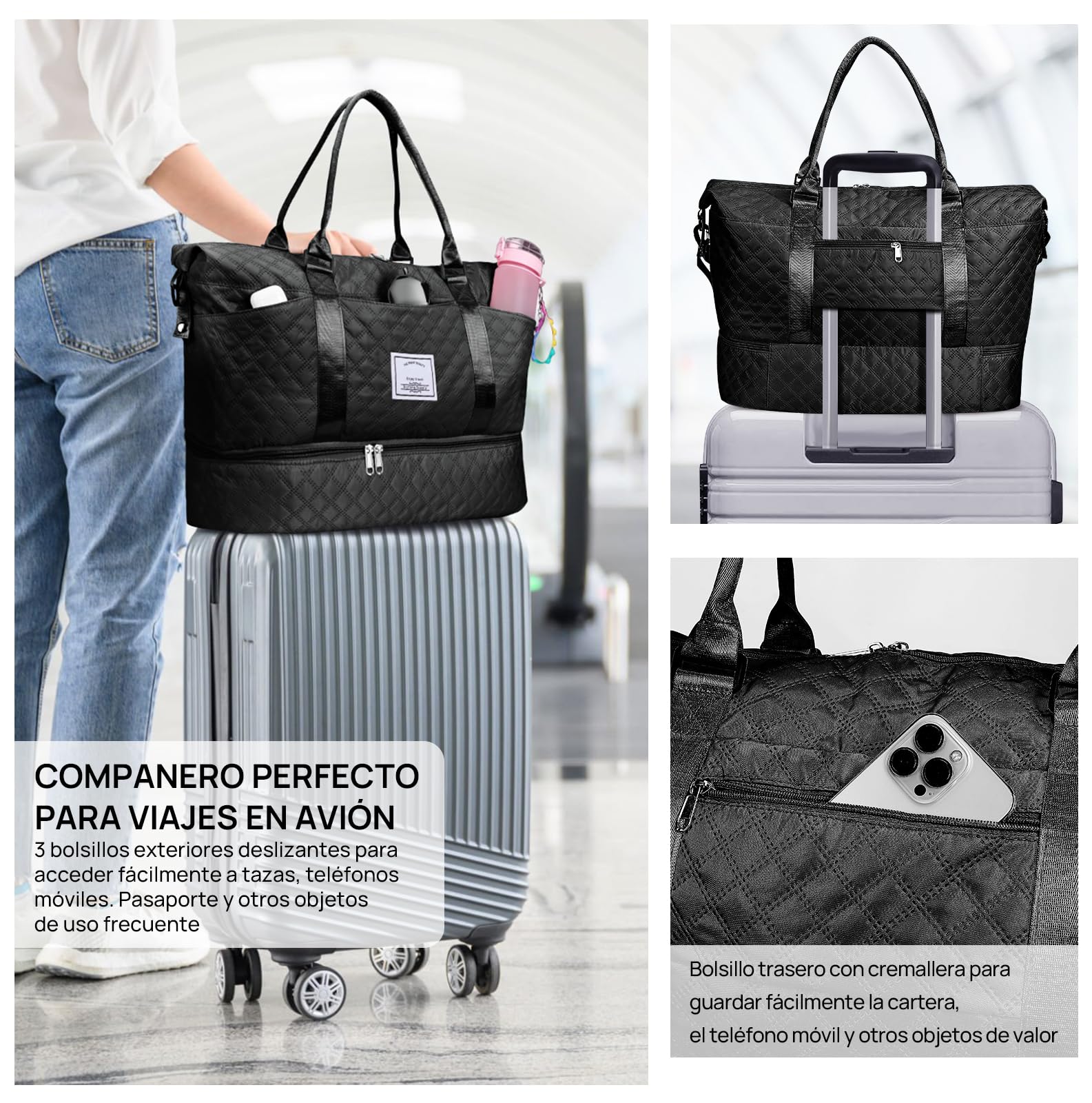 Bolsa de Deporte, Bolsa de Viaje Con Compartimento Para Zapatos y Neceser, Compartimentos Húmedo y Seco, Gran Capacidad, Resistente al Agua (negro)