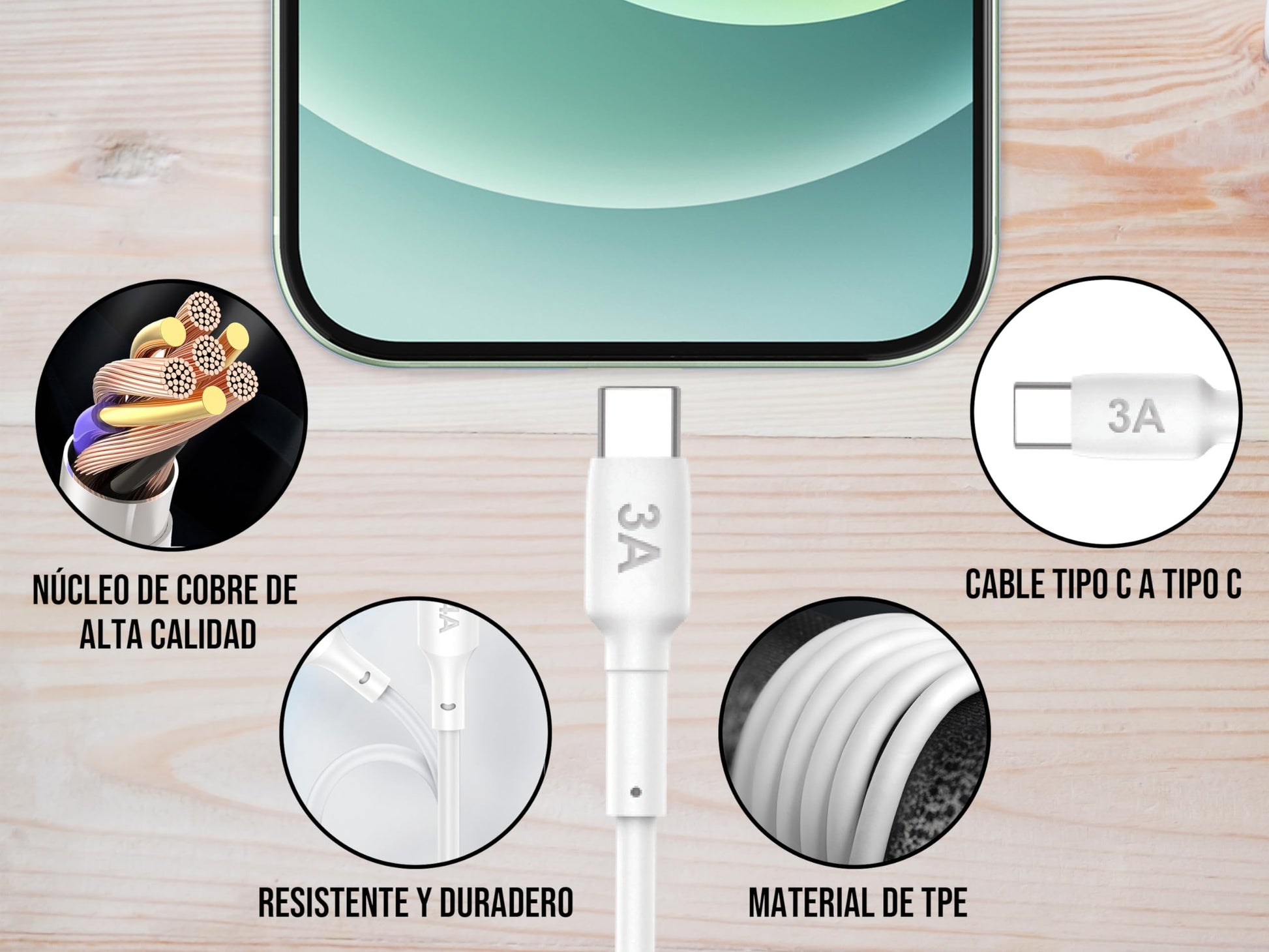 CONTROL EXPERT Turbo Cargador Tipo C A Tipo C, para Android y iPhone 15, Carga y Datos 3A Salida Tipo C 20w Ultra Rápido (Blanco)