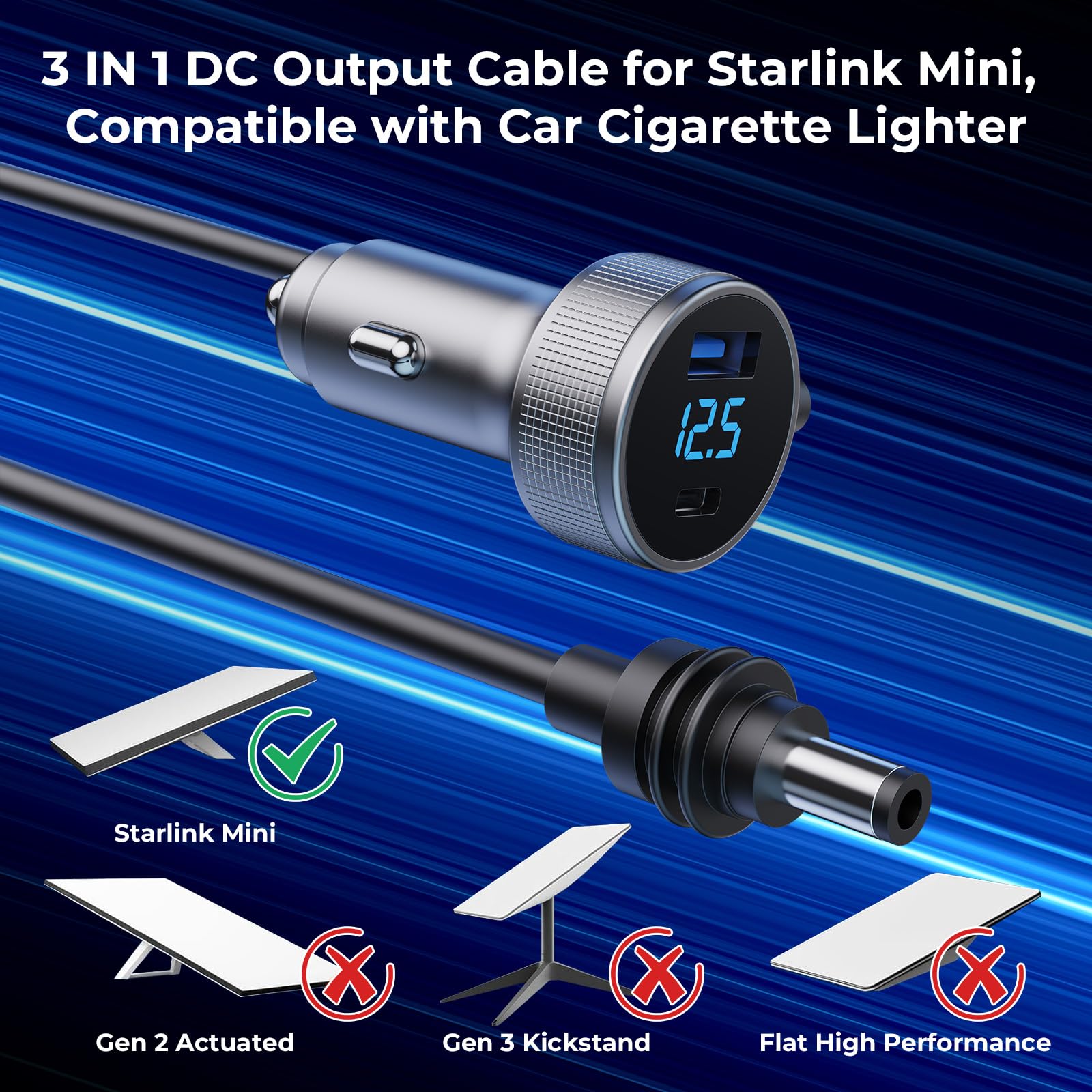 Starlink Mini Cable 3 en 1 Starlink Mini cargador de coche Cable de alimentación CC + adaptador de encendedor de cigarrillos de 12 V-48 V con visualización digital, USB C PD duradero de 40 W y puertos
