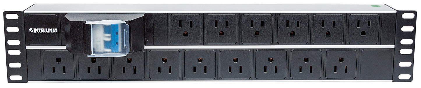 Intellinet 714075 Barra Multicontacto 15 Contactos Tipo EU – Montaje en Rack 19" 2U, Doble Interruptor, Cable 3 m, Aluminio Negro