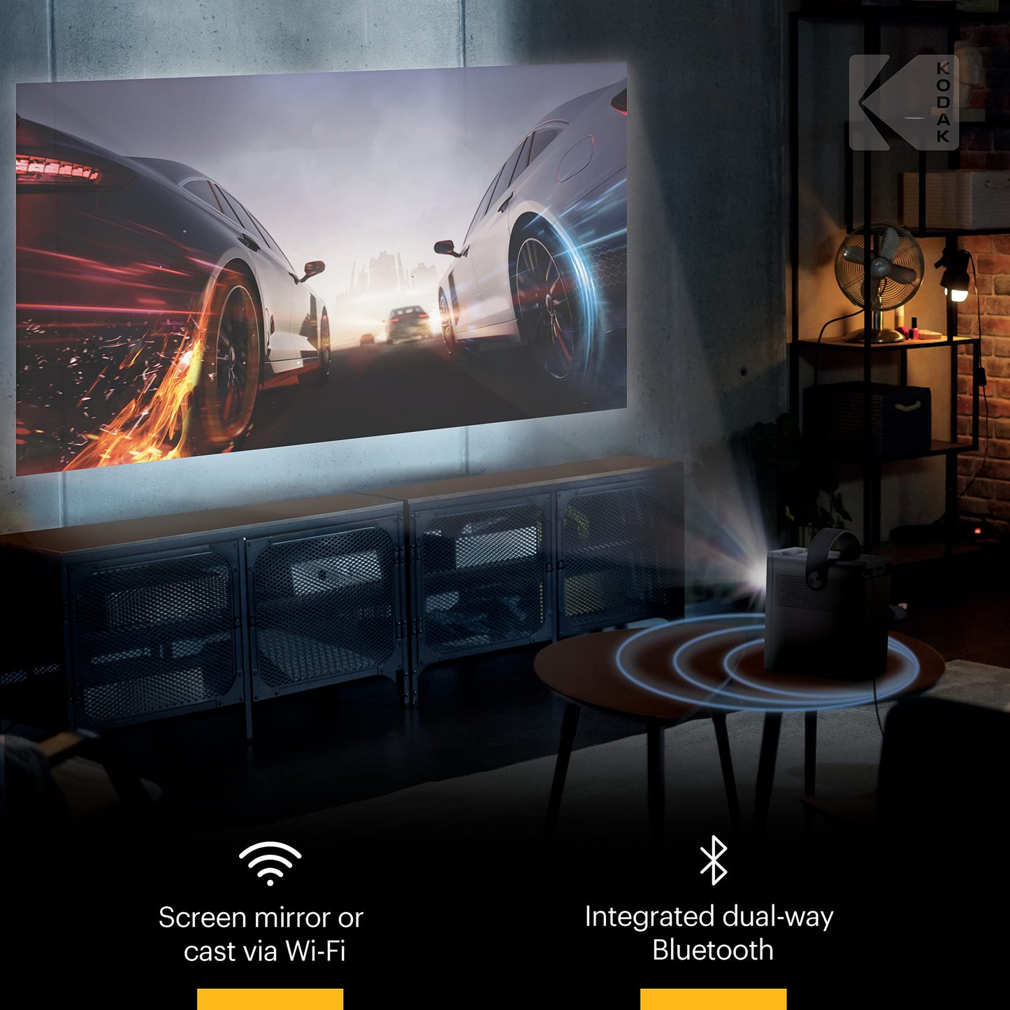 KODAK FLIK HD9 Proyector inteligente | Mini película portátil negra para interiores y exteriores con aplicaciones de transmisión de TV Android, Wi-Fi y Bluetooth, altavoces integrados y control remoto de voz, FHD 1080p para pantallas de hasta 120 pulgadas