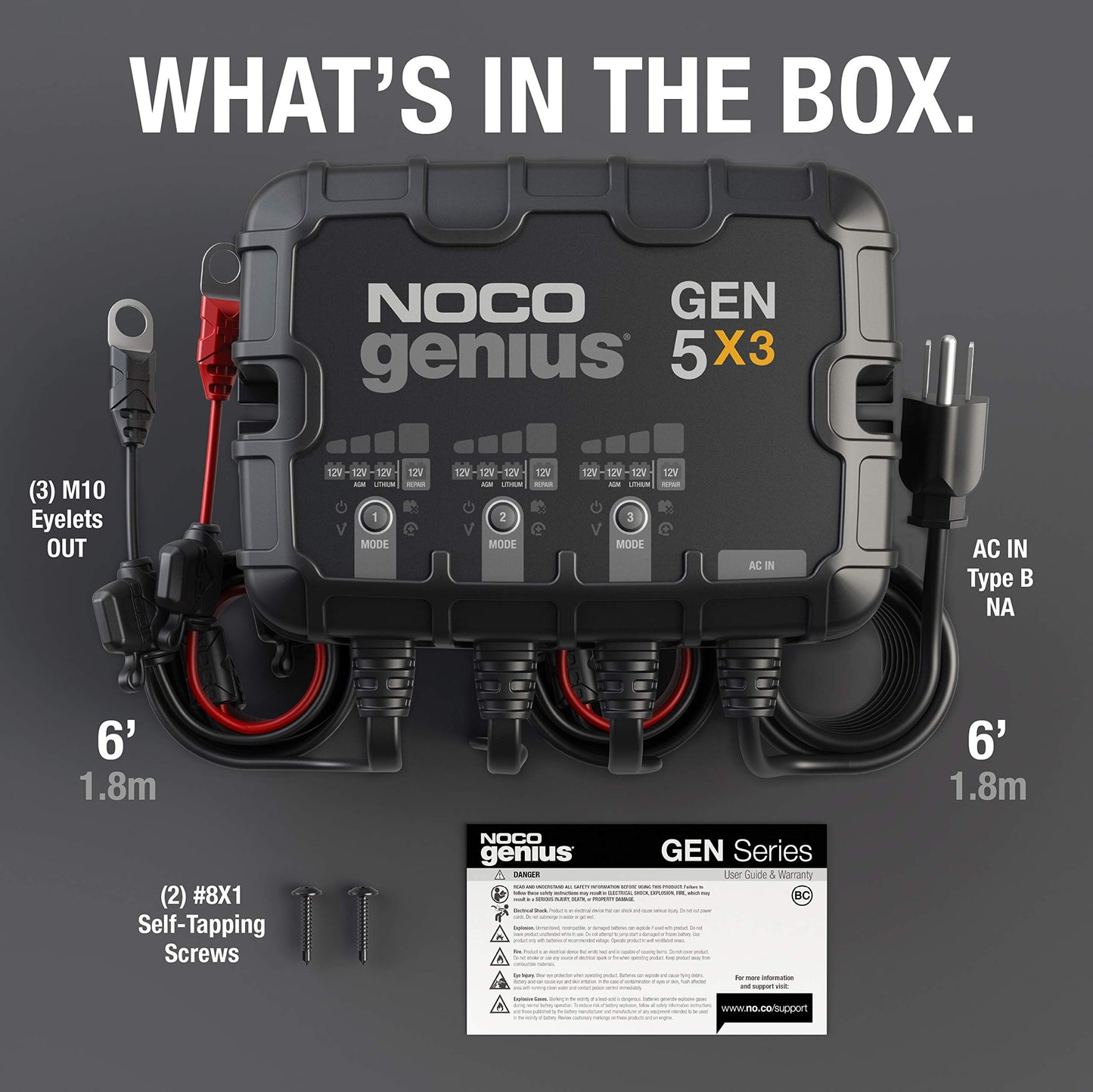 NOCO Genius GEN5X3: Cargador de batería integrado de 3 bancos, 15 A, 5 A por banco, cargador marino impermeable de 12 V con protección contra sobrecarga y compensación de temperatura, para baterías de