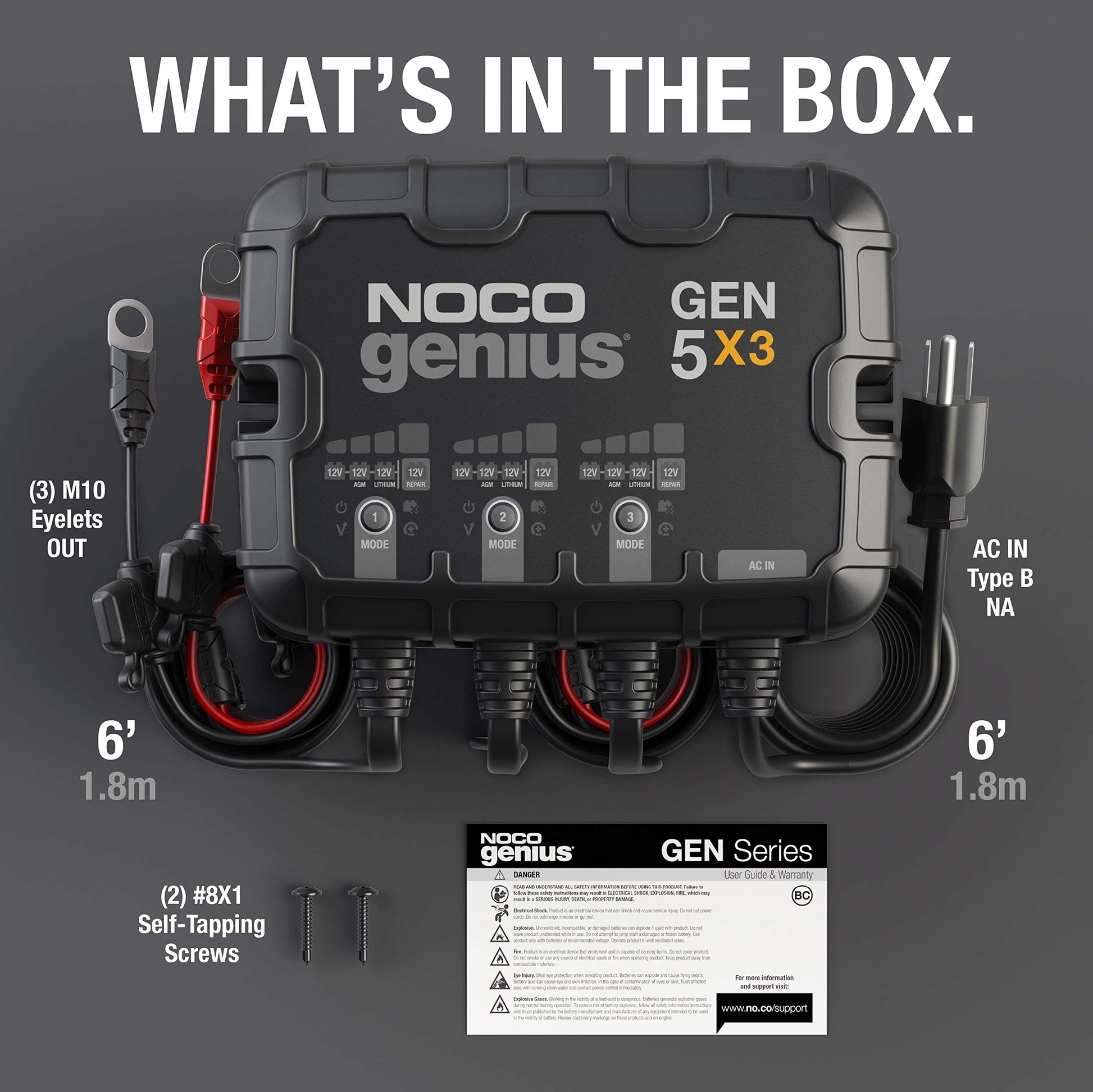 NOCO Genius GEN5X3: Cargador de batería integrado de 3 bancos, 15 A, 5 A por banco, cargador marino impermeable de 12 V con protección contra sobrecarga y compensación de temperatura, para baterías de