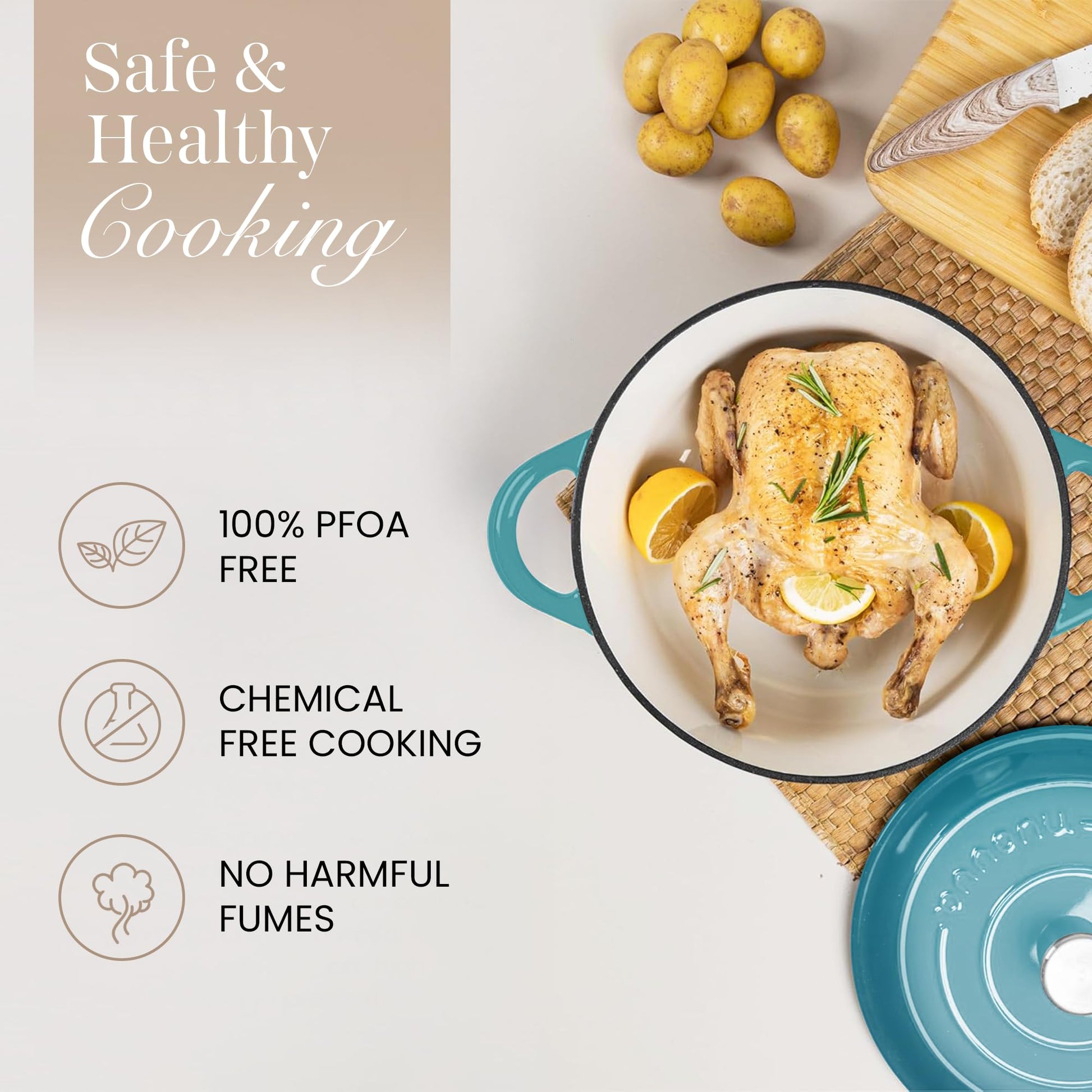 Nuovva - Olla de hierro fundido esmaltado con tapa, olla antiadherente de 6.4 cuartos de galón, resistente y apta para horno hasta 500 °F, para hornear, estofar, asar, 28 cm, color verde azulado