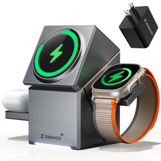 Estación de Carga ZEEHOO Blanco Certificado Qi2 con Soporte Giratorio para Apple, iPhone, Apple Watch y AirPods