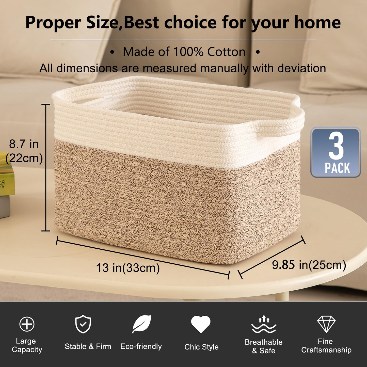 OIAHOMY - Paquete de 3 cestas de almacenamiento para organizar, 13 x 9.85 x 8.7 pulgadas, cesta tejida con asas, contenedor de almacenamiento de juguetes, cesta elegante para decoración de habitación