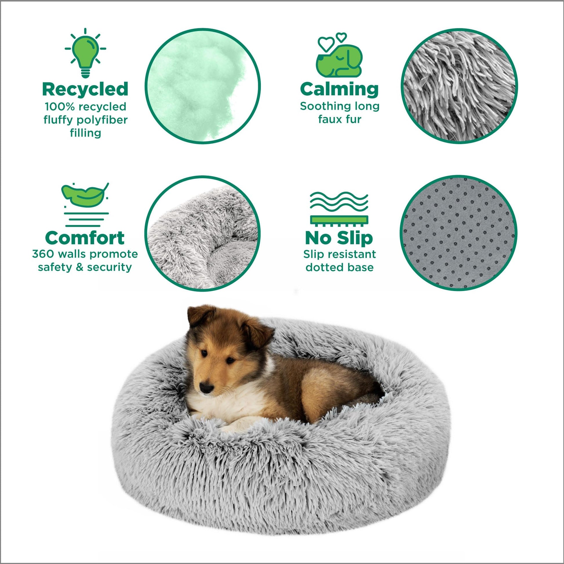 Furhaven 45" Round XL Donut Dog Bed Plush Long Faux Fur Calming Cuddler w/Removable Washable Cover - Mist Gray, Jumbo