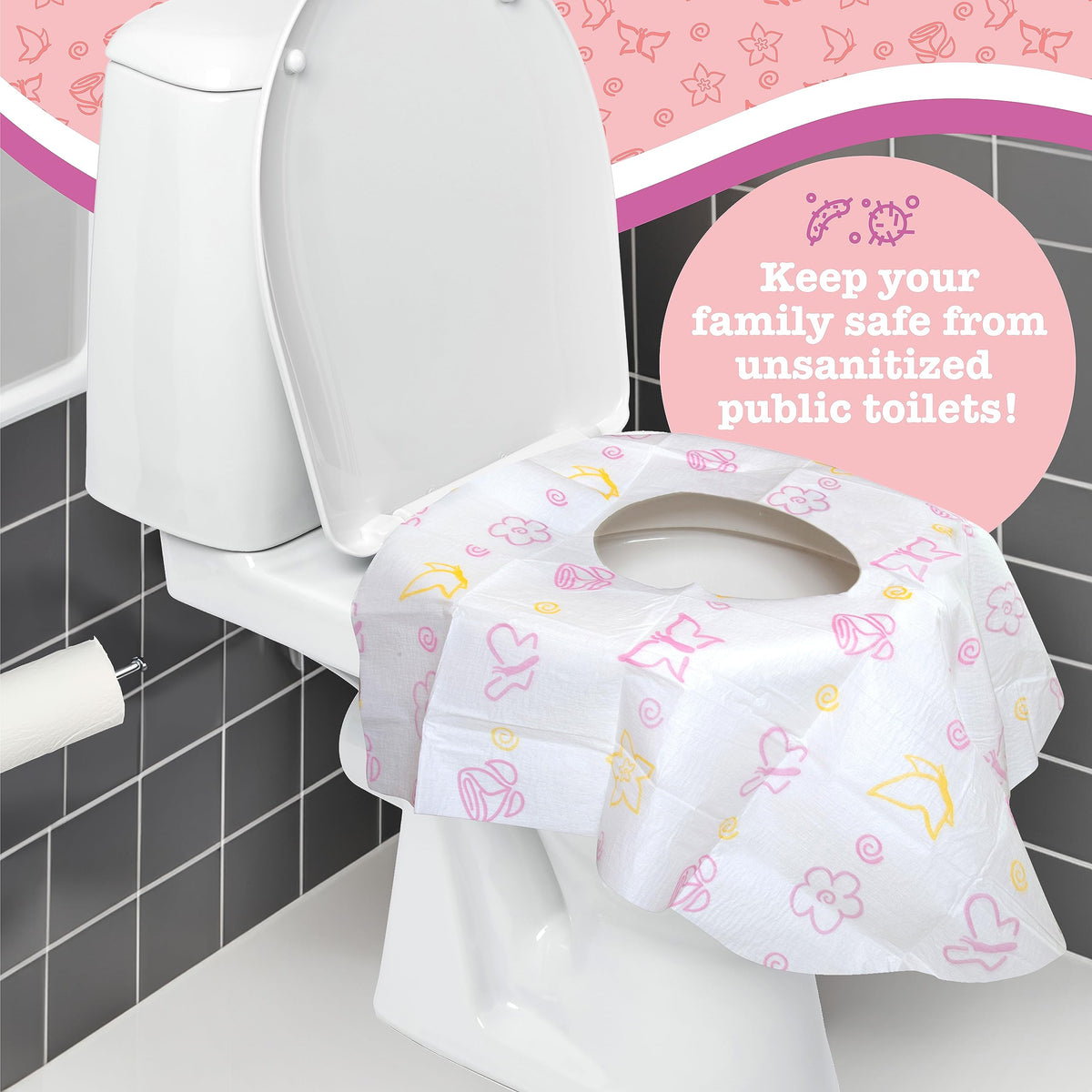 Cubiertas de asiento de orinal Potty Shields desechables (paquete de 6, floral) - Funda de orinal XL impermeable para niños pequeños, niños y adultos - Portátil y envueltas individualmente para viajes