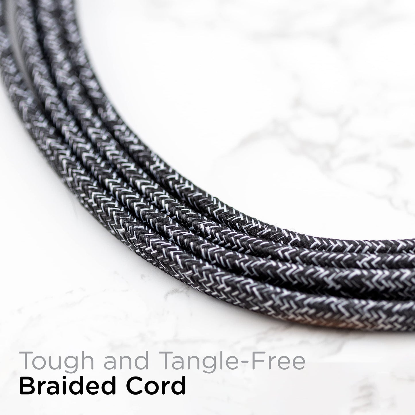 Cordinate Designer, Extension Electrica de 3 salidas polarizadas, Cable Trenzado de 2.4 m (8 pies), Sistema de Seguridad para Trabar, Enchufe Plano, Certificacion ETL, Negro/Gris, 1 paquete, 42841-T1